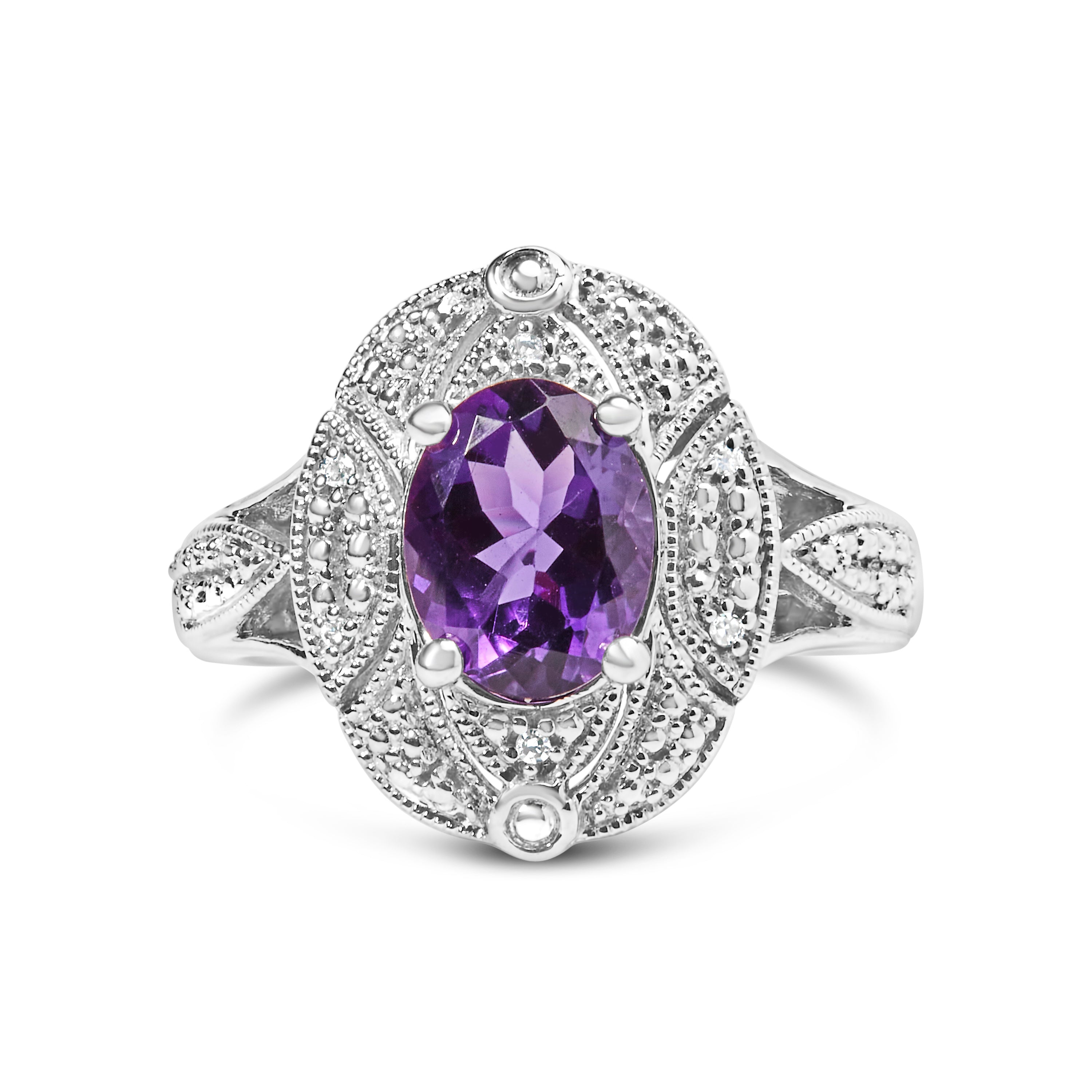.925 Sterling Silver 9x7mm Oval Purple Amethyst and Diamond Accent Art Deco Style Cocktail Ring (I-J Color, I1-I2 Clarity) - Size 6 DestGlow