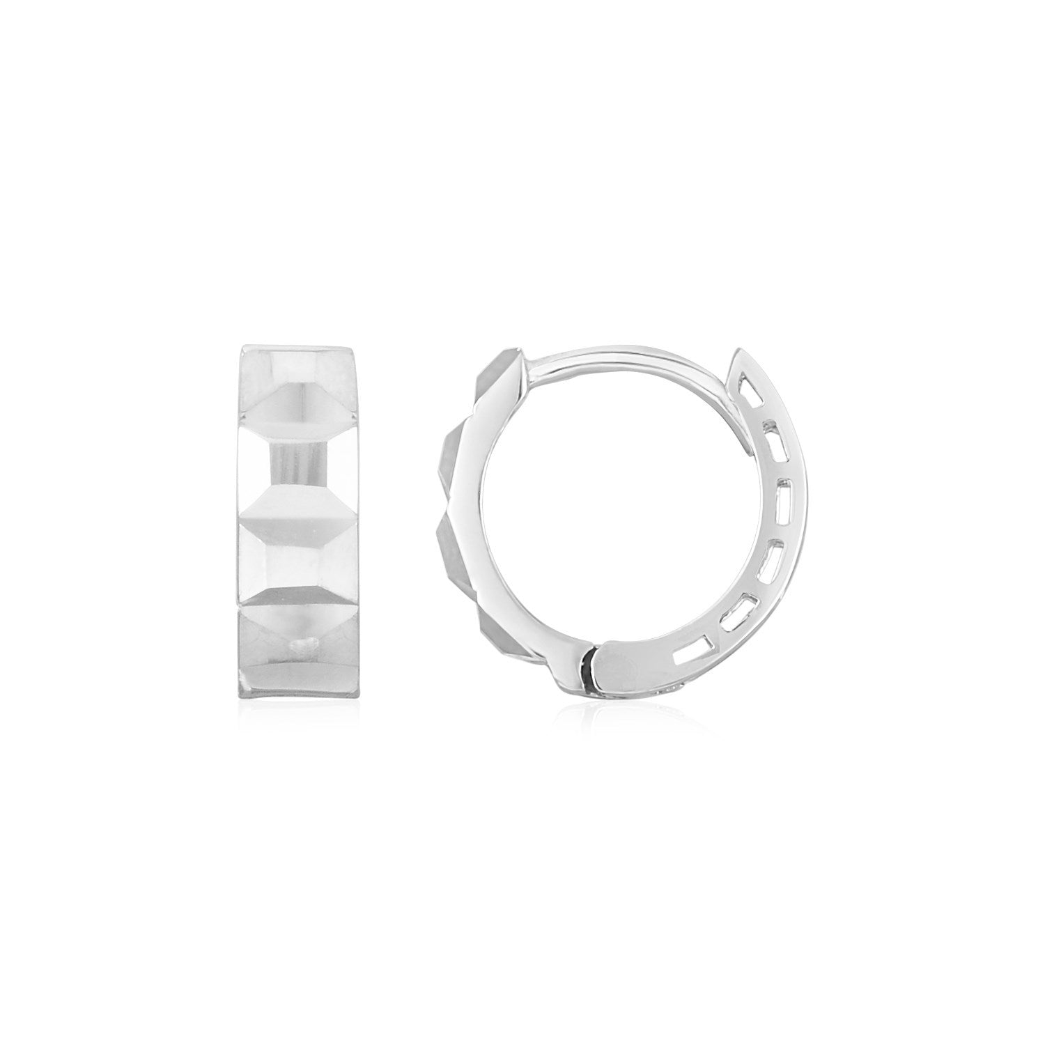 14K White Gold Square Motif Faceted Huggie Earrings DestGlow