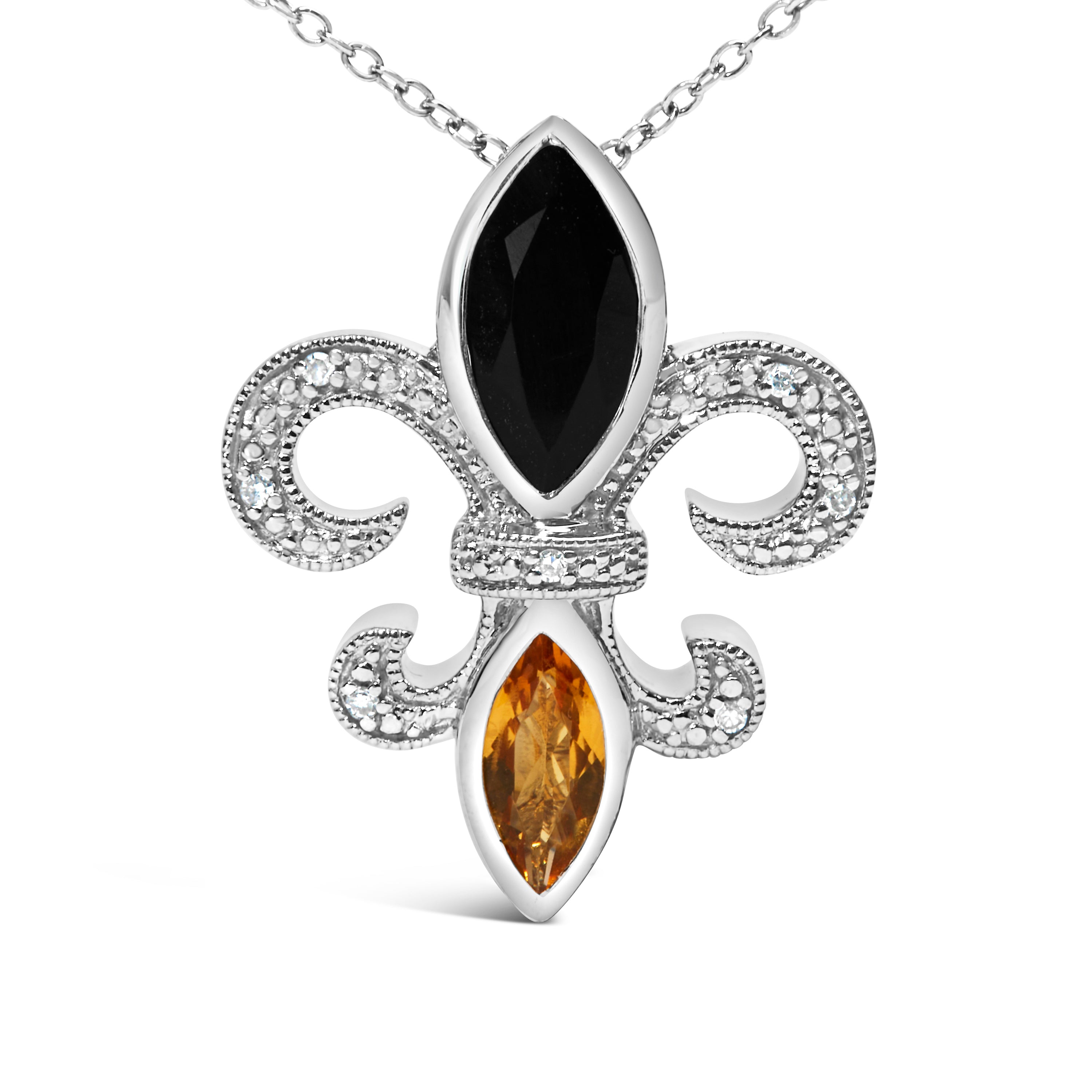 .925 Sterling Silver Marquise Onyx and Citrine and Diamond Accent Fleur De Lis Pendant Necklace (H-I Color, SI1-SI2 Clarity) - 18" DestGlow