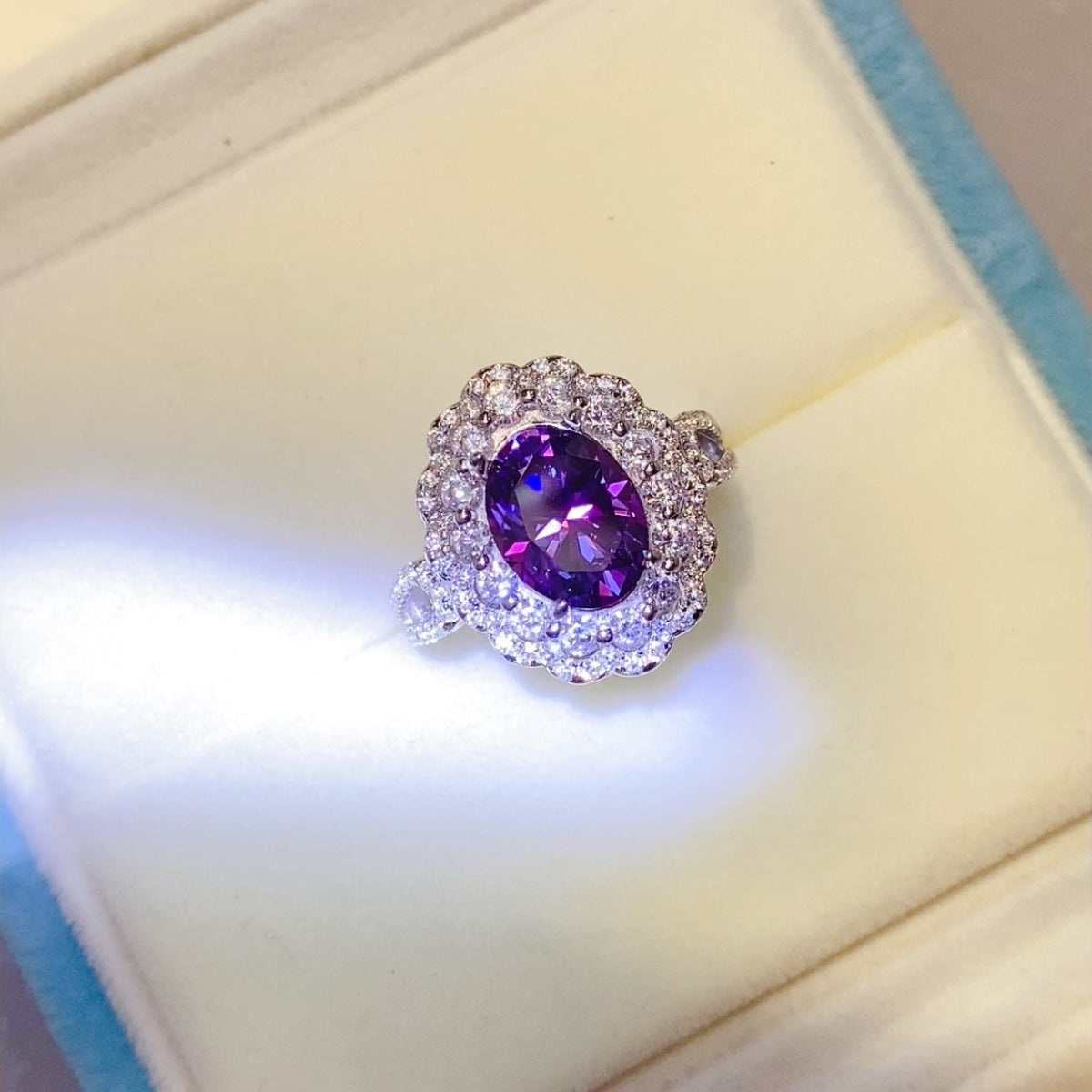 2 Carat Purple Oval-Cut Purple Oval-Cut Sparkala™ Pure Sterling Silver Halo Ring - DestGlow