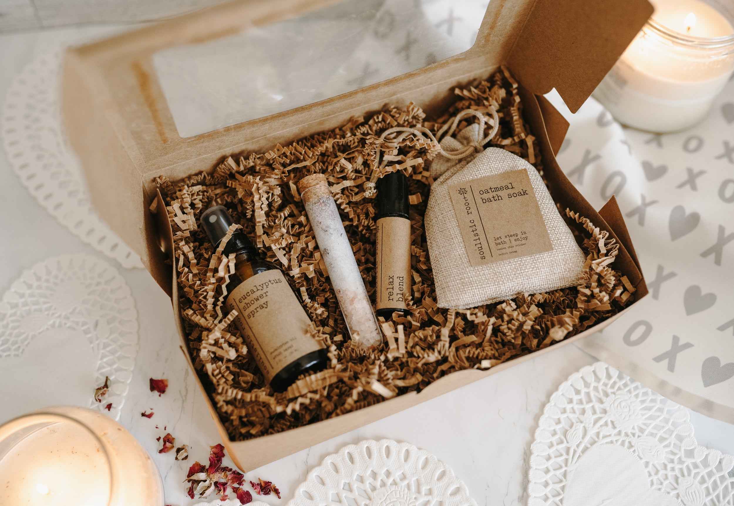 Gift Set- Shower Spray, Relax Roller, Oatmeal Soak & Rose Bath Salt