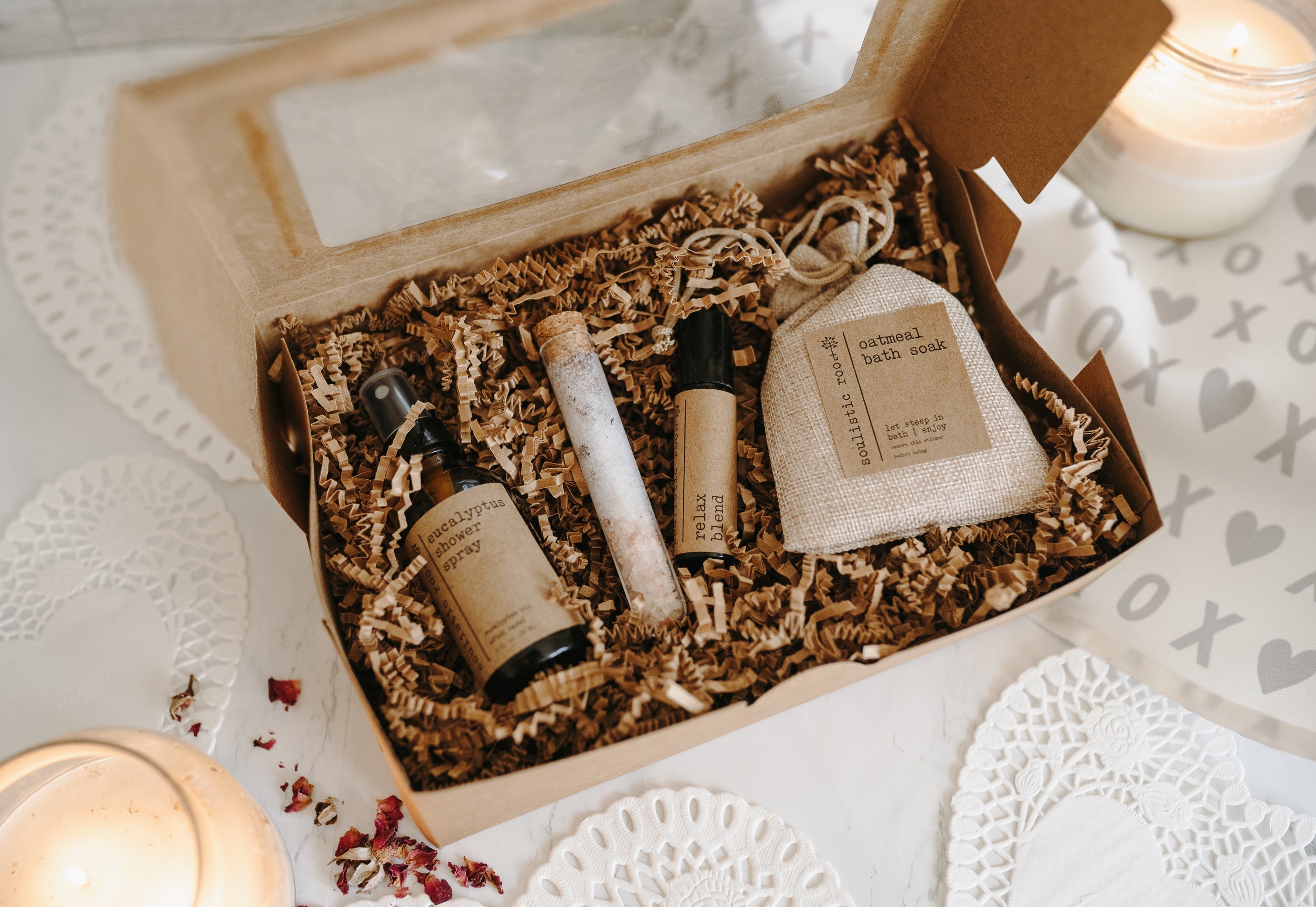 Gift Set- Shower Spray, Relax Roller, Oatmeal Soak & Rose Bath Salt by Soulistic Root