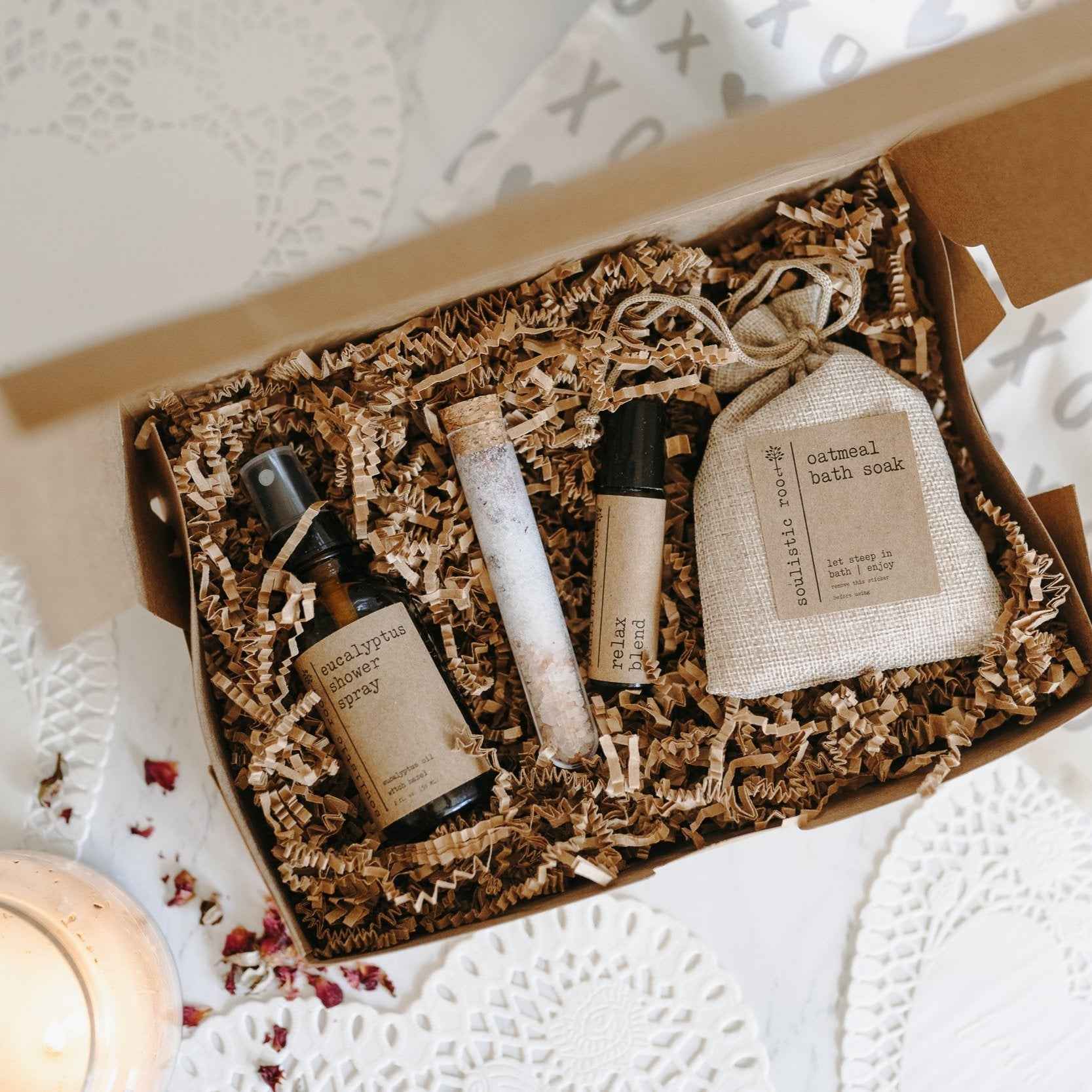 Gift Set- Shower Spray, Relax Roller, Oatmeal Soak & Rose Bath Salt by Soulistic Root