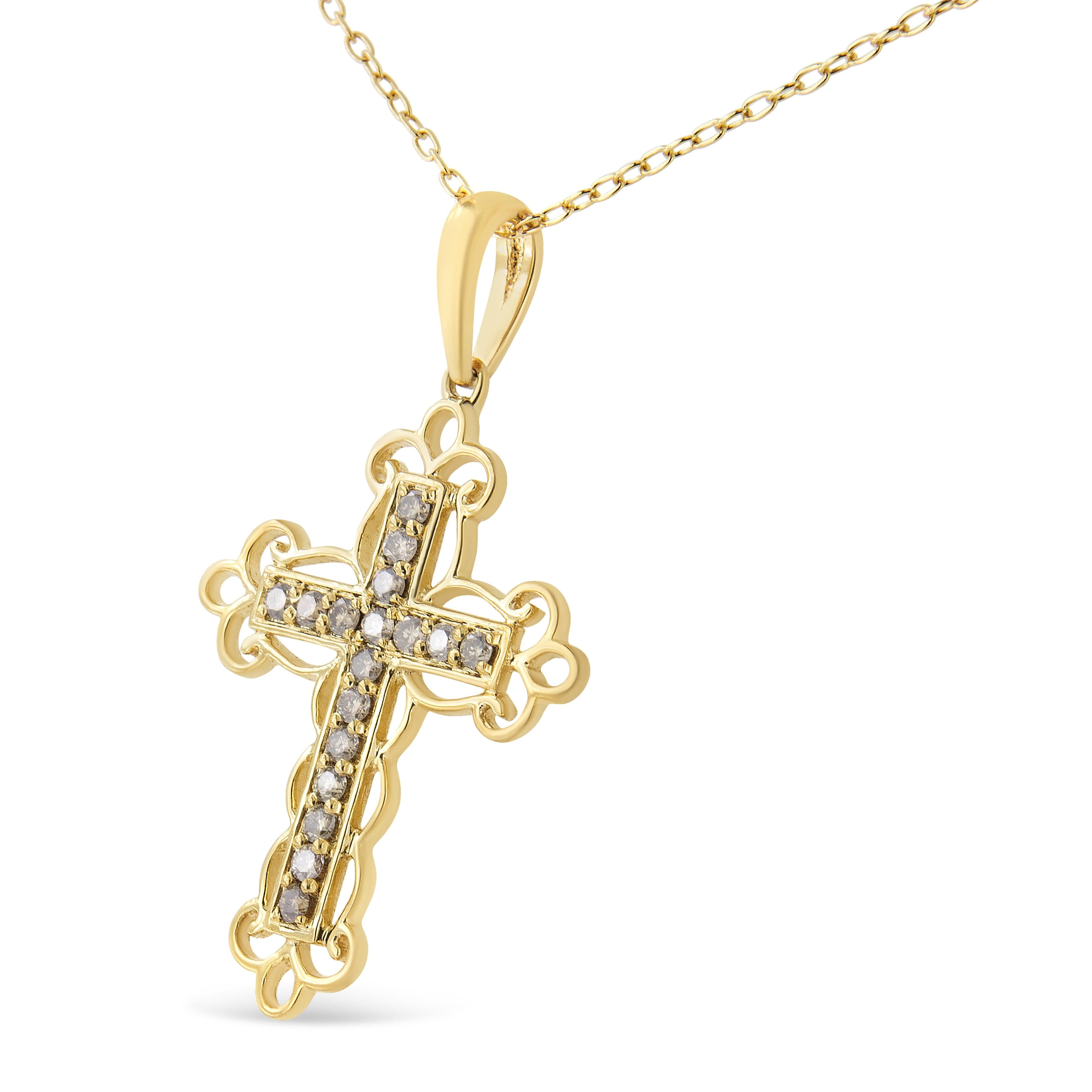 10K Yellow Flashed .925 Sterling Silver 1/4 Cttw Champagne Diamond Filigree Cross Pendant Necklace (K-L Color, I1-I2 Clarity) - 18" by Bids.com