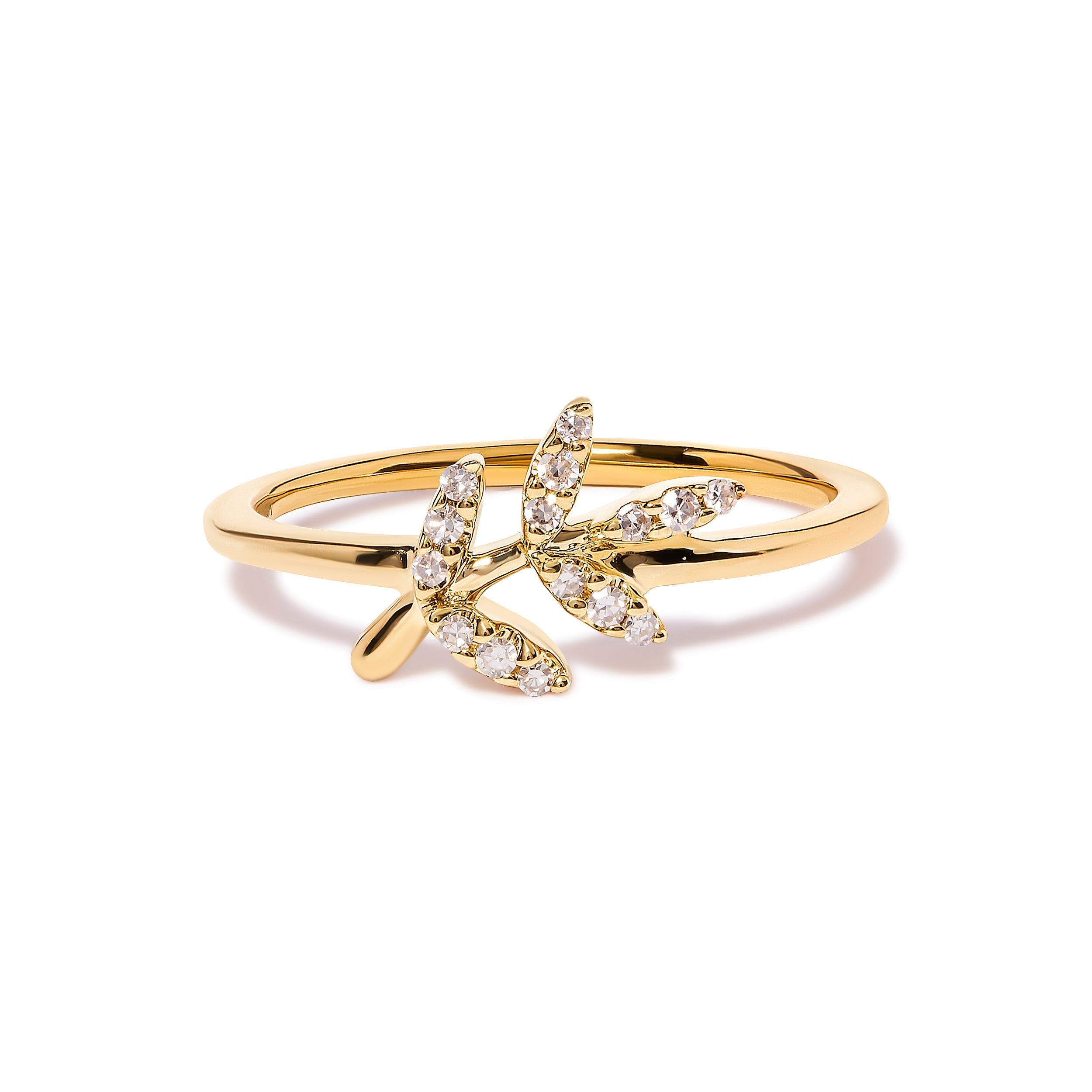 10K Yellow Gold 1/10 Cttw Diamond Leaf and Branch Ring (H-I Color, I1-I2 Clarity) - Ring Size 7 DestGlow