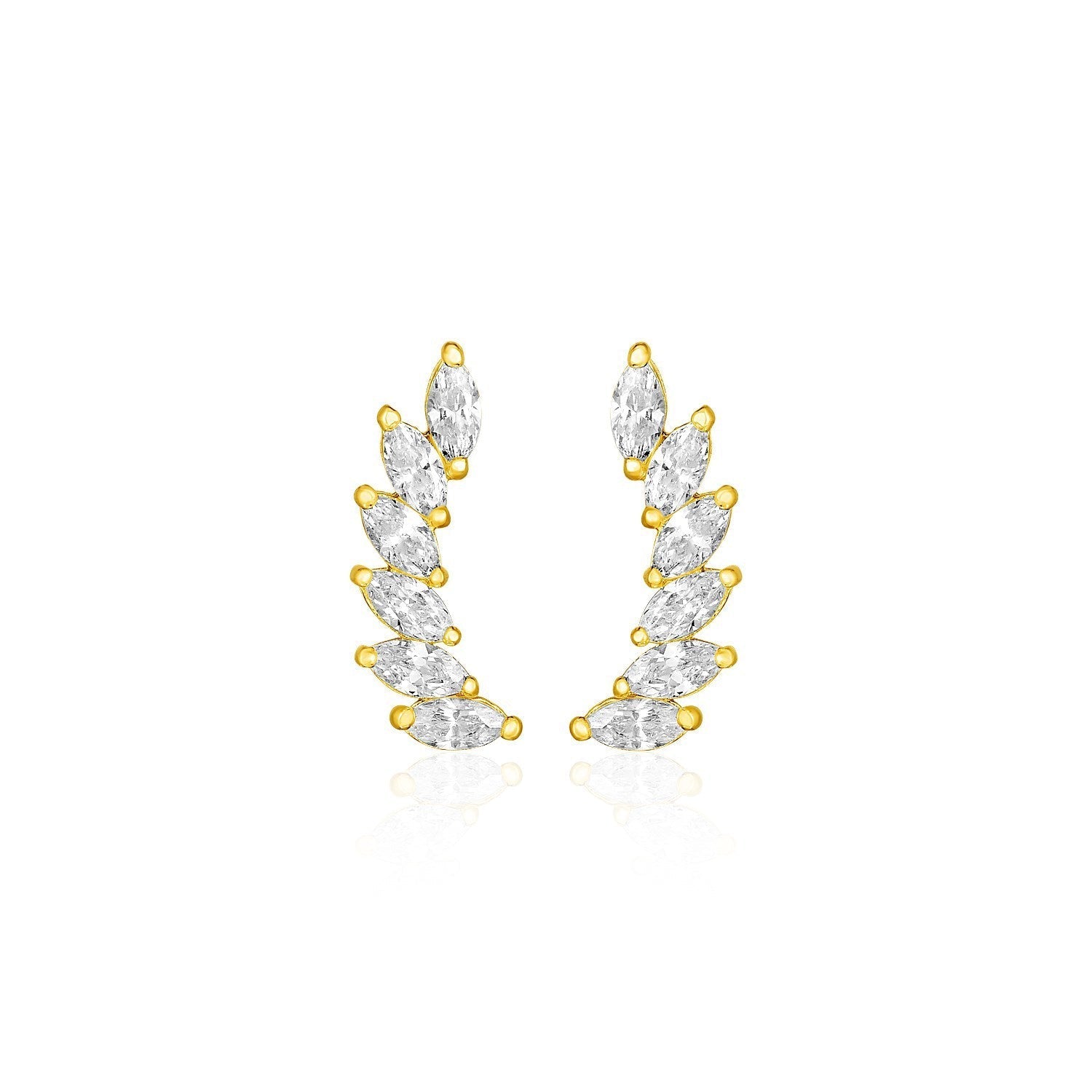 14k Yellow Gold Leaf Motif Climber Post Earrings with Marquise Cubic Zirconias DestGlow