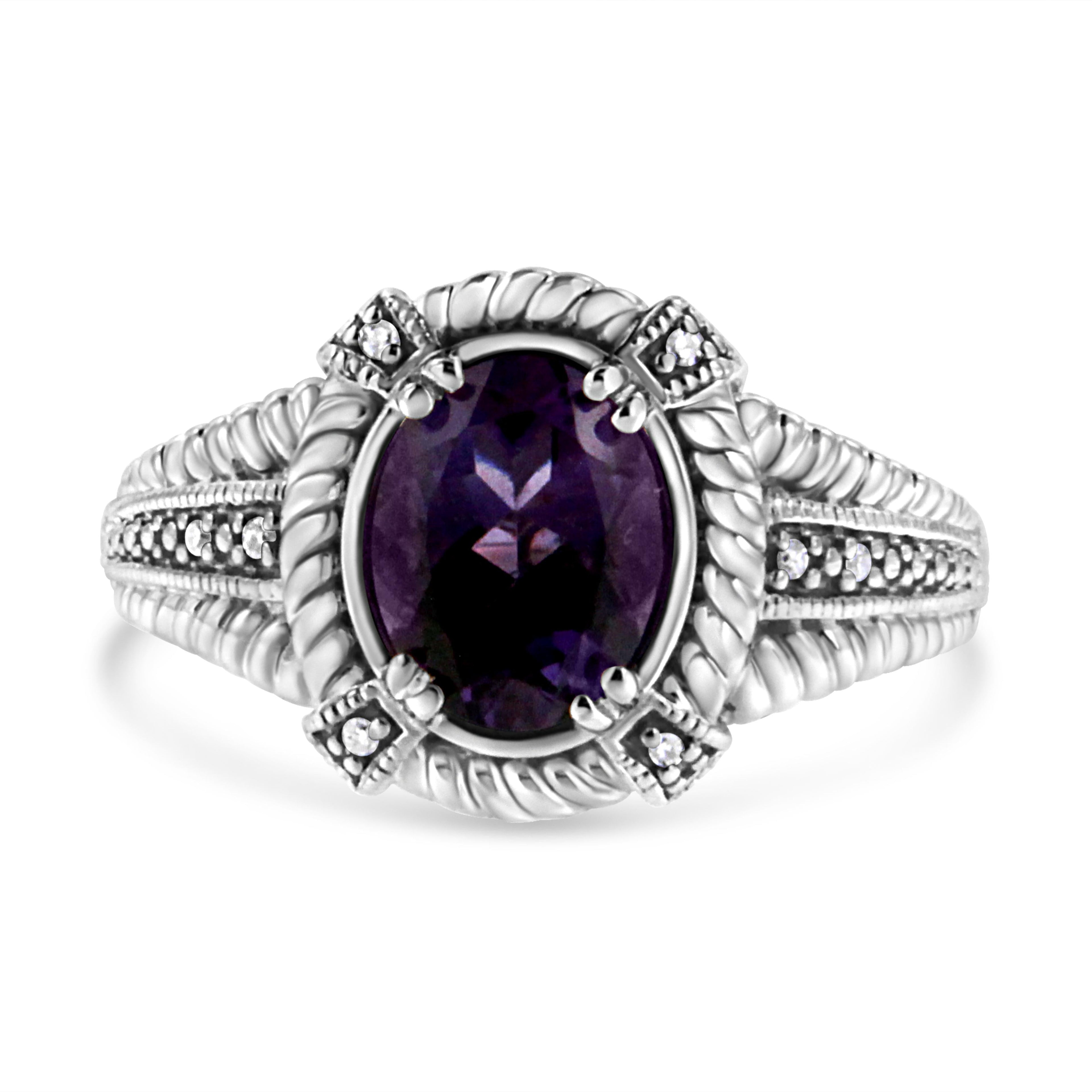 .925 Sterling Silver Prong Set Natural Oval Shape 9X7 MM Purple Amethyst Solitaire and Diamond Accent Ring (I-J Color, I1-I2 Clarity) - Ring Size 7 DestGlow