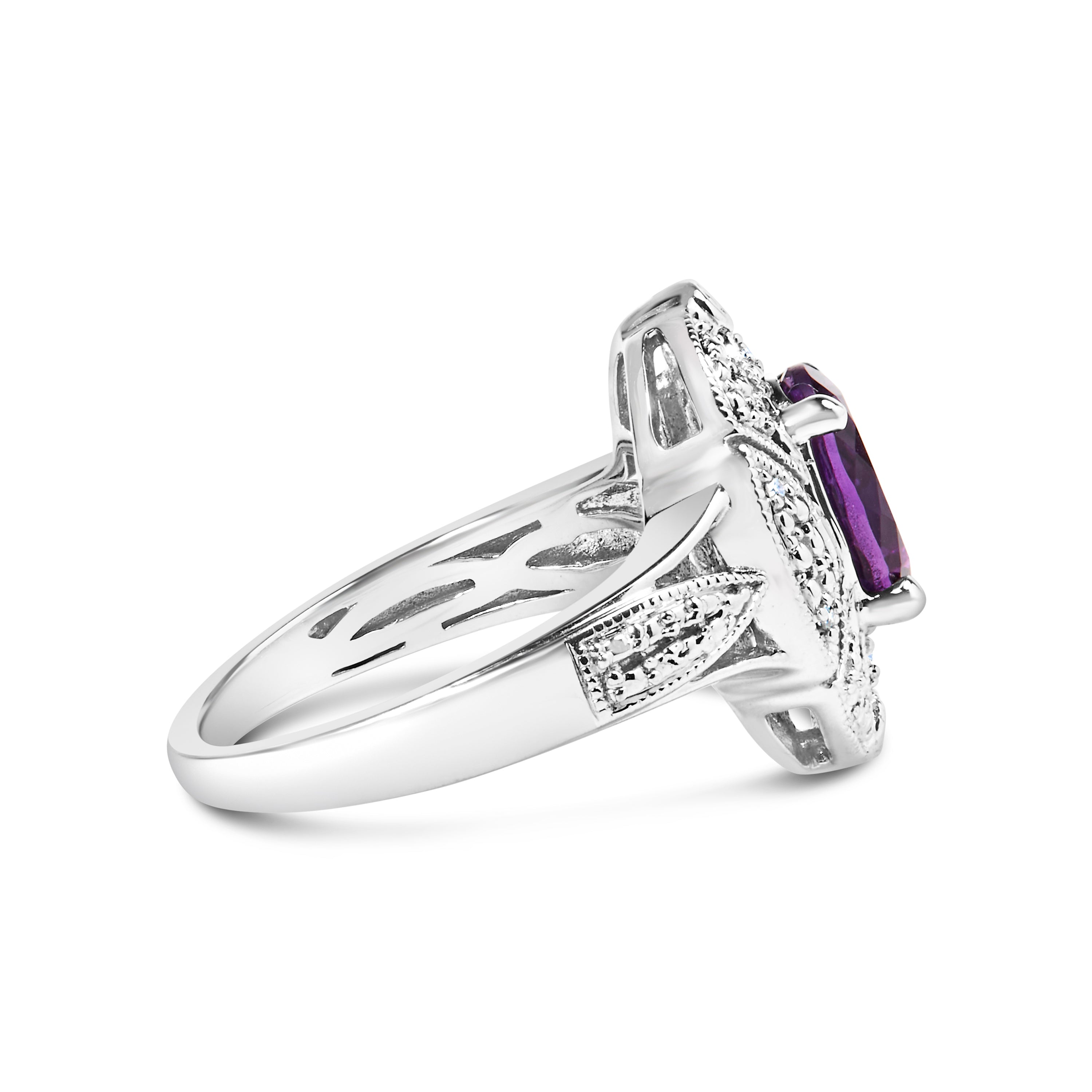 .925 Sterling Silver 9x7mm Oval Purple Amethyst and Diamond Accent Art Deco Style Cocktail Ring (I-J Color, I1-I2 Clarity) - Size 6 DestGlow