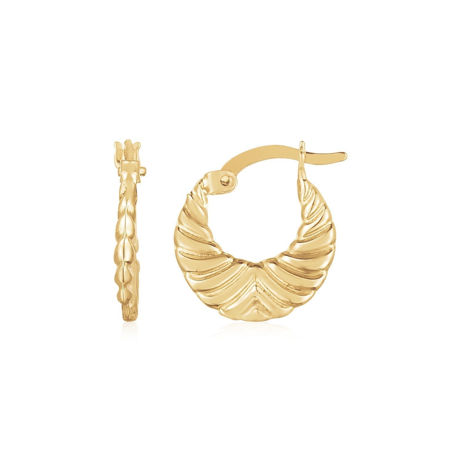 14K Yellow Gold Graduated Grooved Fancy Hoop Earrings DestGlow