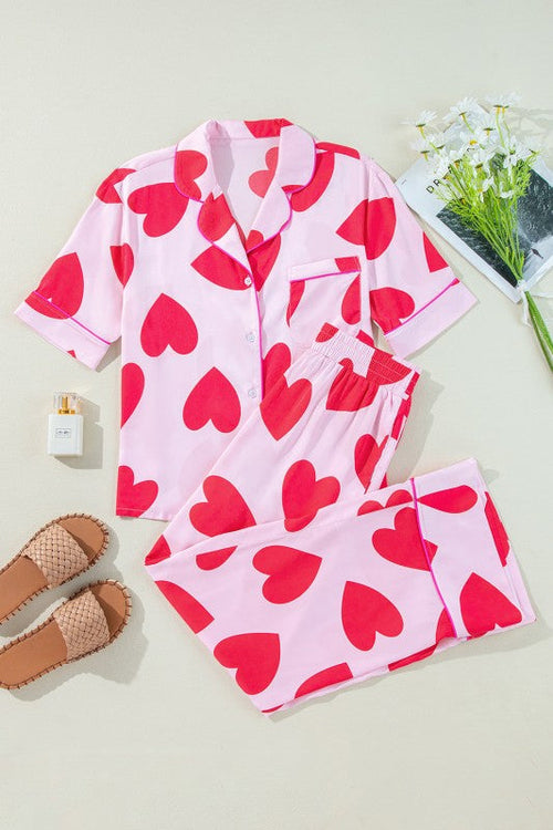Women's Valentine's Day Pajama Set - Heart Print Short Sleeve Shirt & Pants