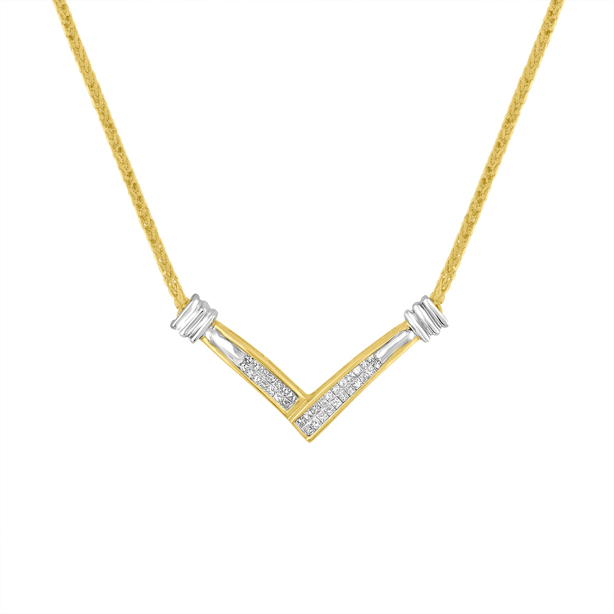 14K Yellow and White Gold 1/4 Cttw Princess Cut Diamond Channel-Set “V†Shape 18" Pendant Necklace (H-I Color, SI2-I1 Clarity) by Bids.com