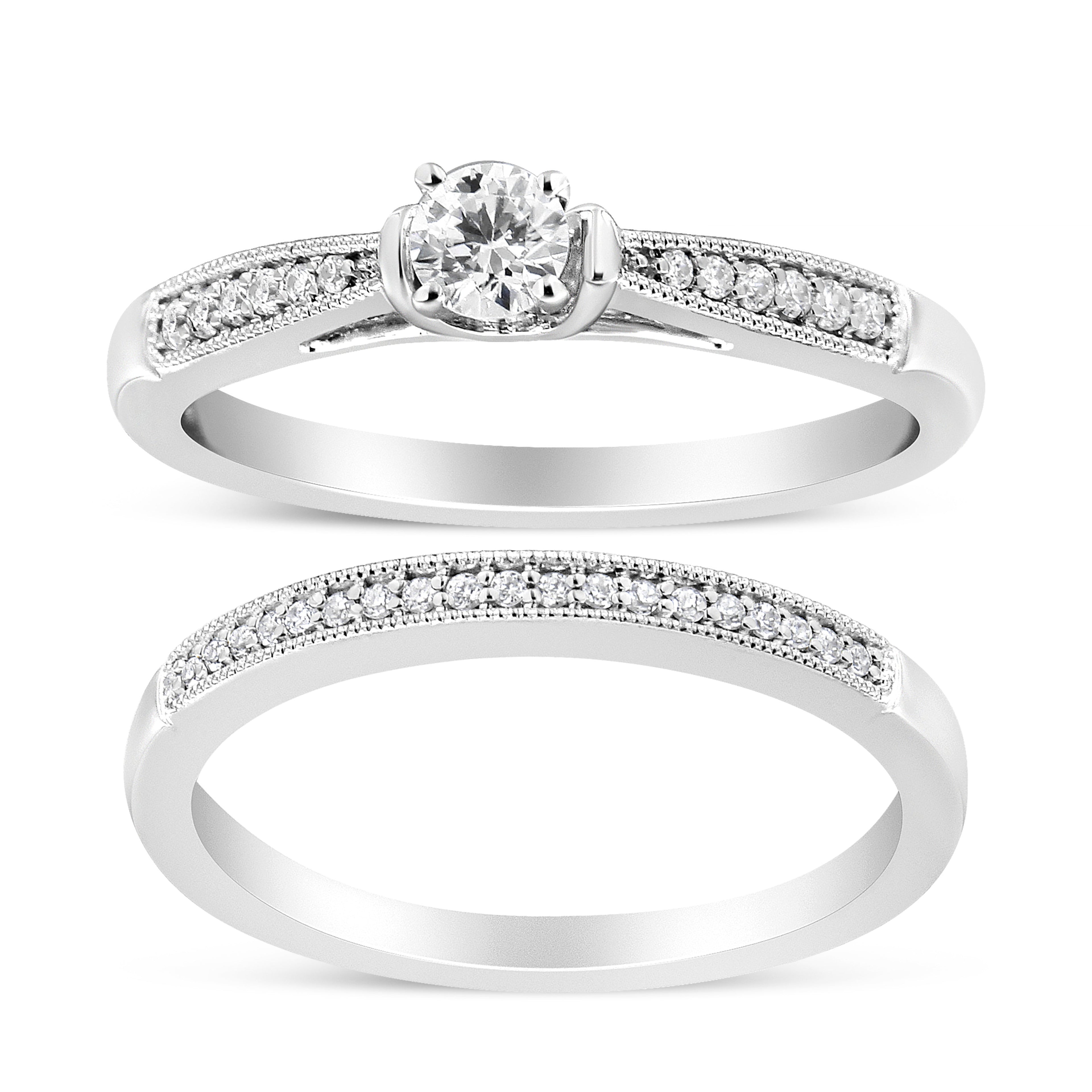 .925 Sterling Silver 1/3 Cttw Diamond Classic Engagement Ring Bridal Set with Milgrain (I-J Color, I3 Clarity) - Ring Size 7 by Bids.com