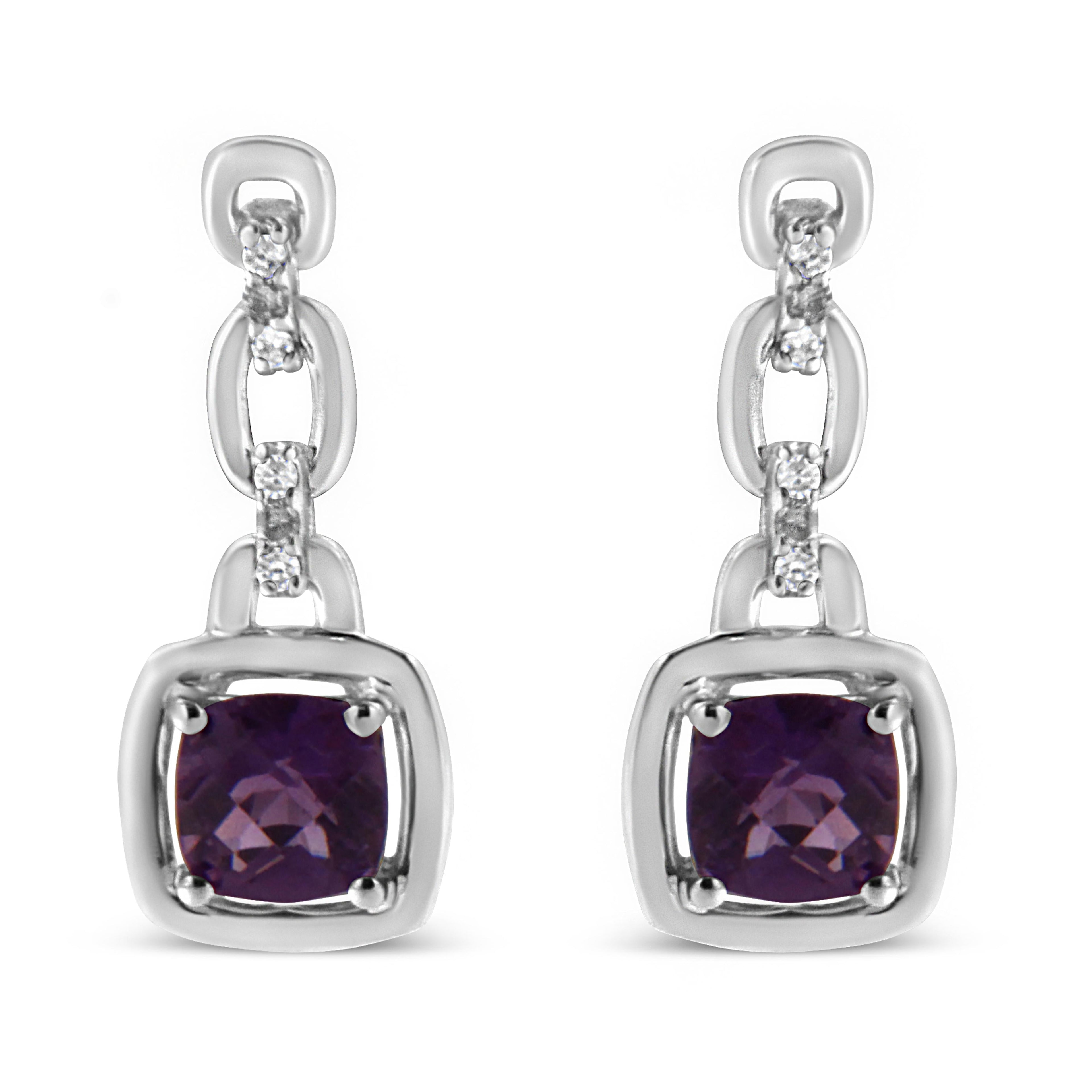 .925 Sterling Silver 6x6MM Cushion Shaped Natural Purple Amethyst and Diamond Accent Drop and Dangle Earrings (I-J Color, I1-I2 Clarity) DestGlow