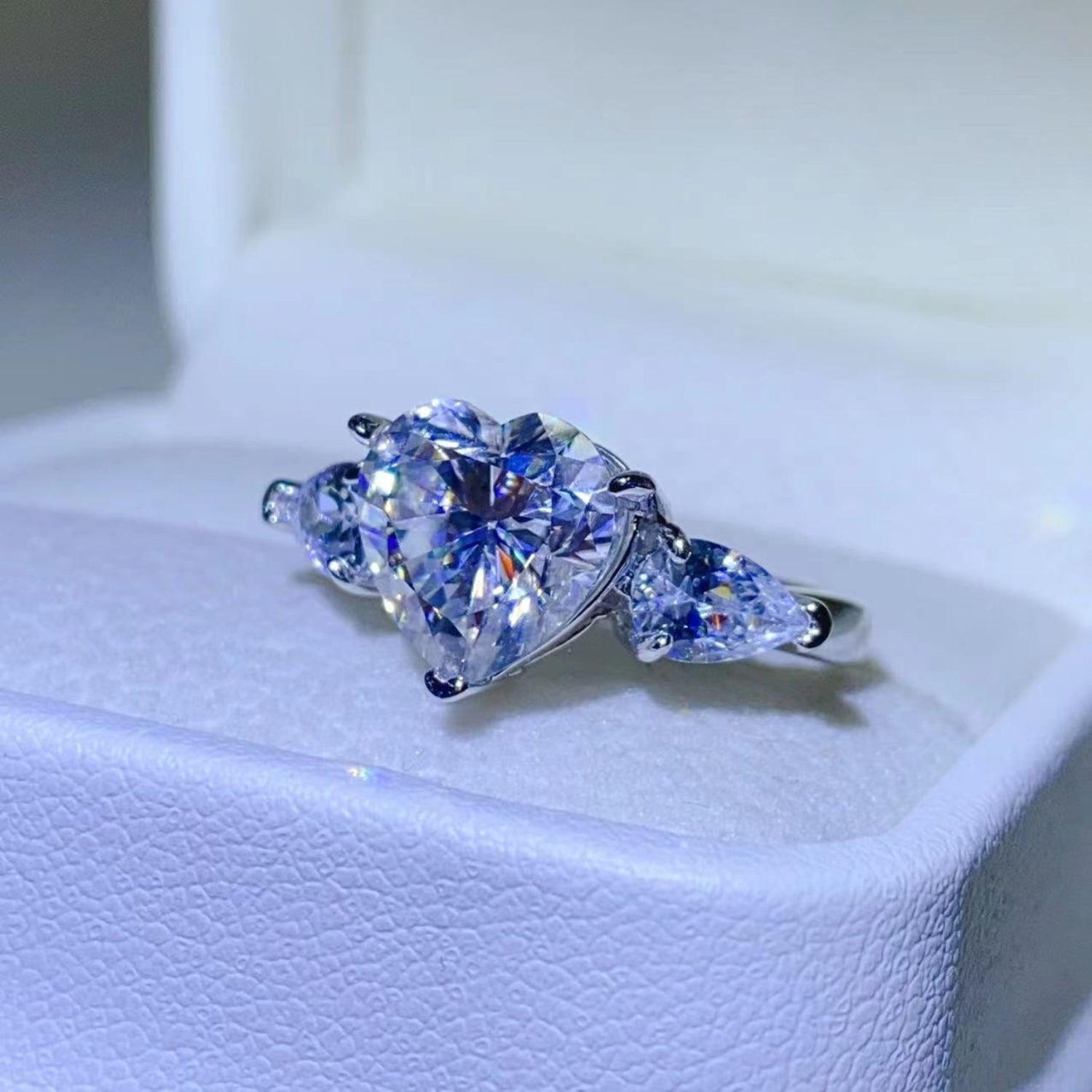3 Carat Heart-Shaped Sparkala™ Pure Sterling Silver Ring With Sidestones - DestGlow