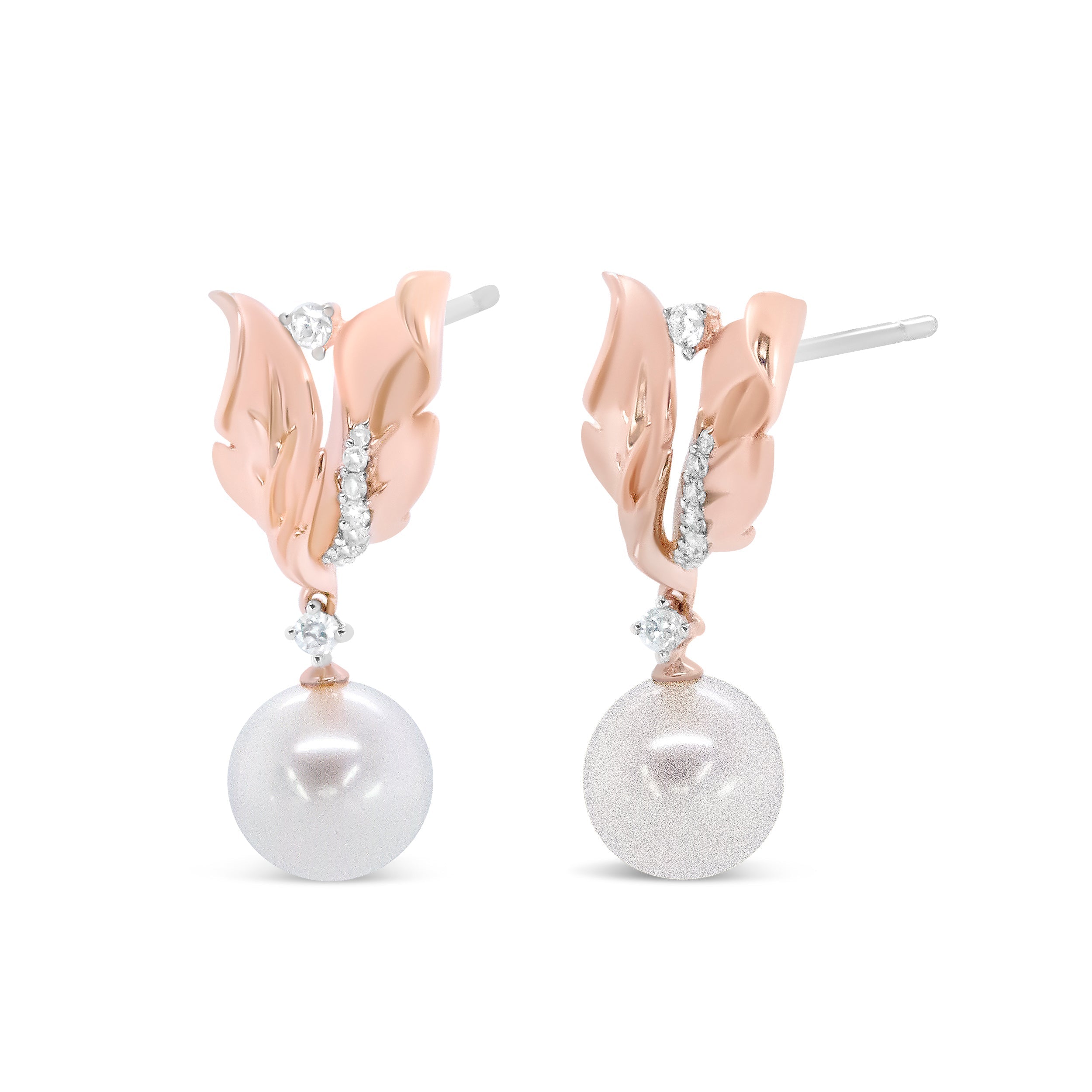 14K Rose Gold 1/6 Cttw Round Diamond and 8mm Round Pearl Floral Drop Stud Earrings (H-I Color, I1-I2 Clarity) DestGlow