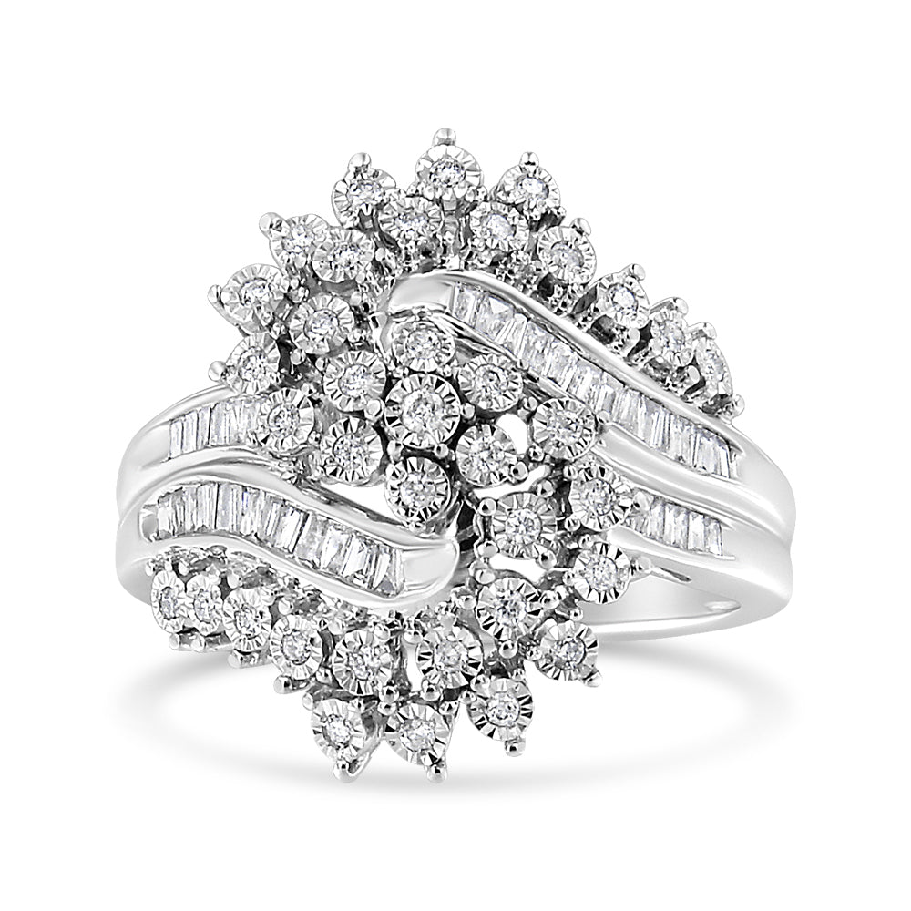 10K White Gold 1/2 Cttw Round and Baguette-Cut "S" Shaped Bypass Cocktail Ring (I-J Color, I1-I2 Clarity) - Size 7 by Bids.com
