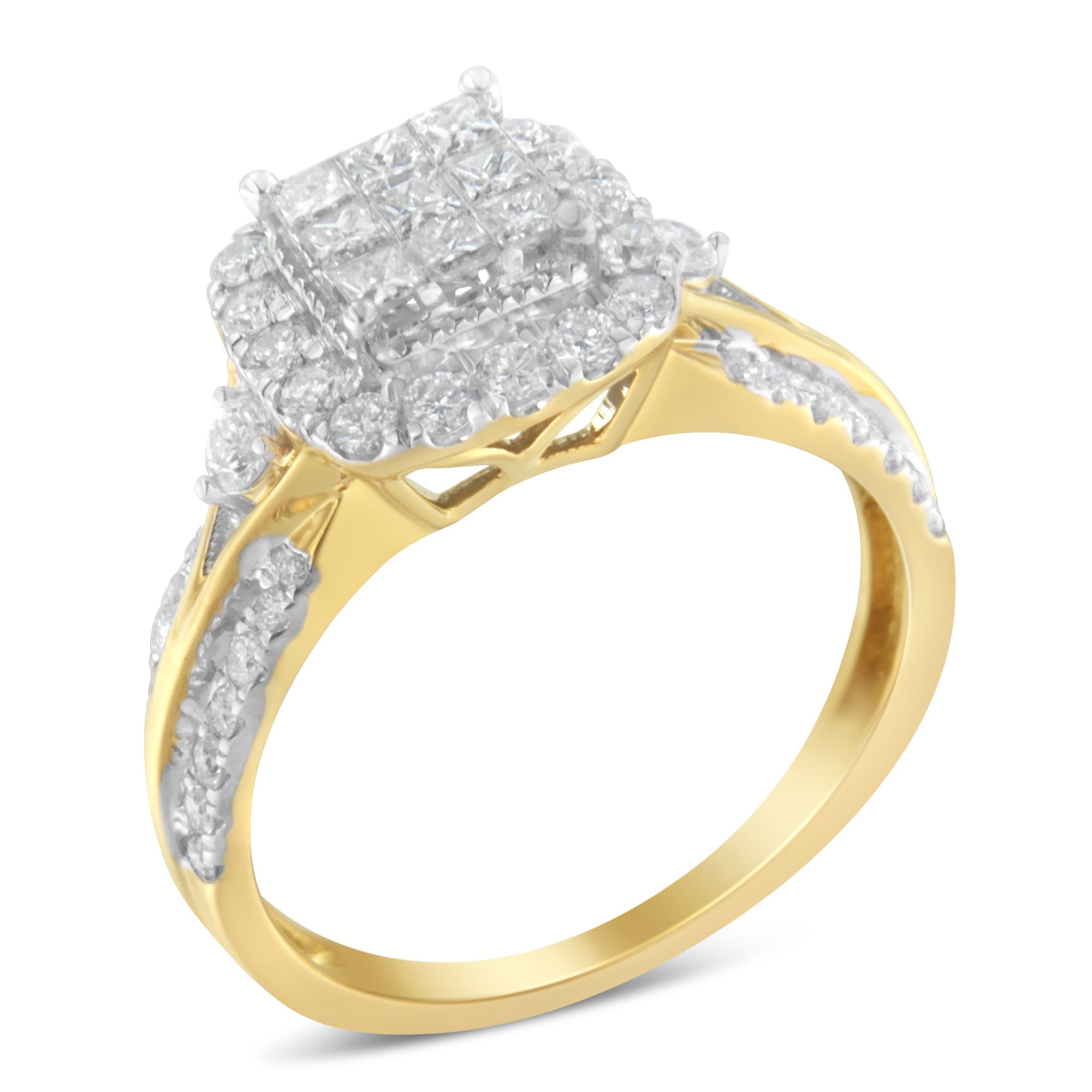 10K Yellow Gold 1.0 Cttw Diamond Composite Cushion-Shape Halo 3-Band-Look Engagement Ring (H-I Color, SI1-SI2 Clarity) - Size 6-1/4 by Bids.com