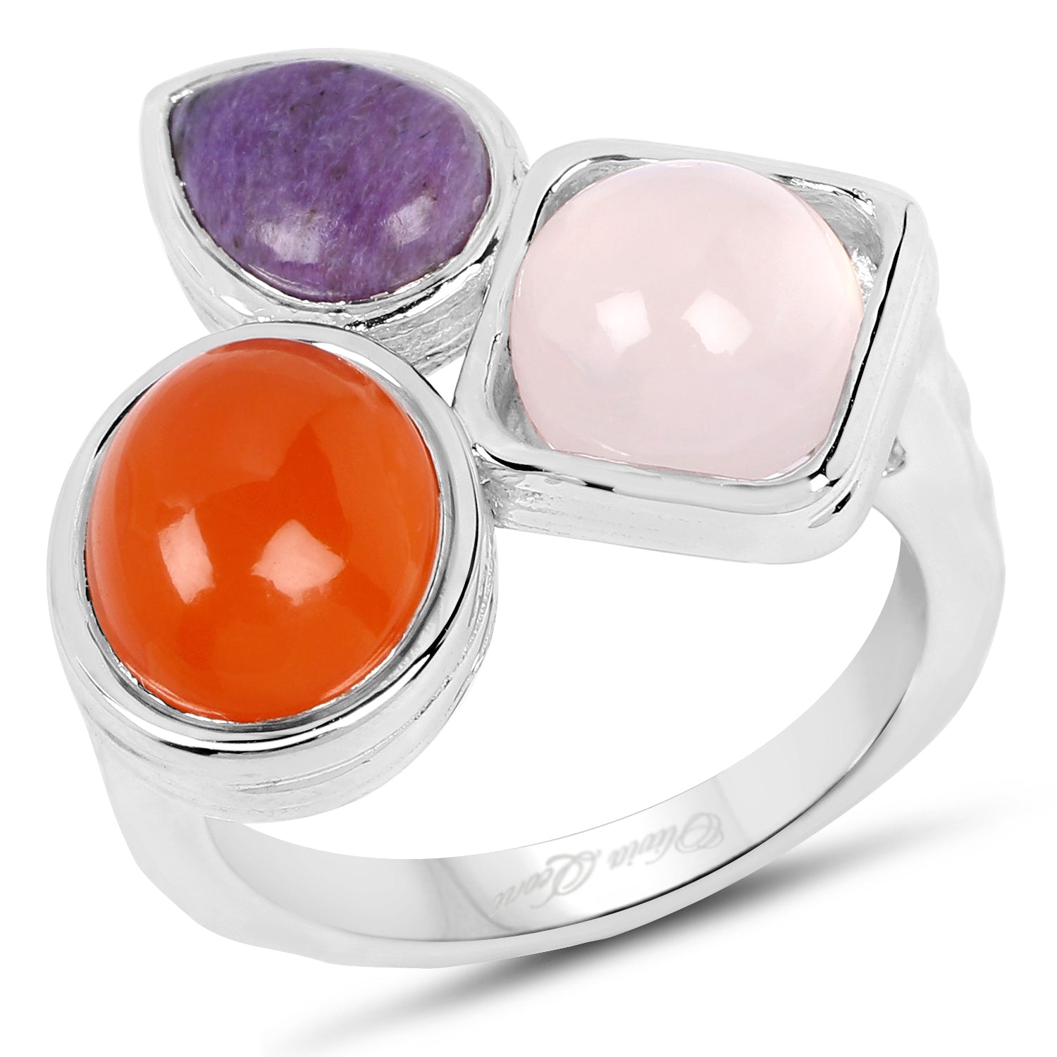 5.21 Carat Genuine Rose Quartz, Carnelian And Charolite .925 Sterling Silver Ring by Bids.com
