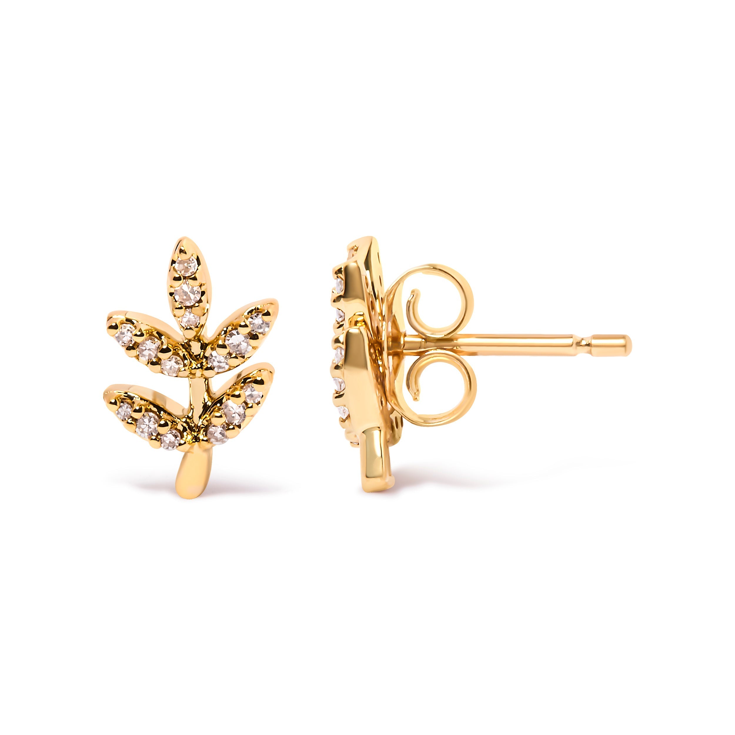 10K Yellow Gold 1/10 Cttw Diamond Accented Leaf and Branch Stud Earrings (H-I Color, I1-I2 Clarity) DestGlow