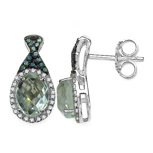2.55 Carat Genuine Green Amethyst, Green Diamond & White Diamond .925 Sterling Silver Earrings by Bids.com