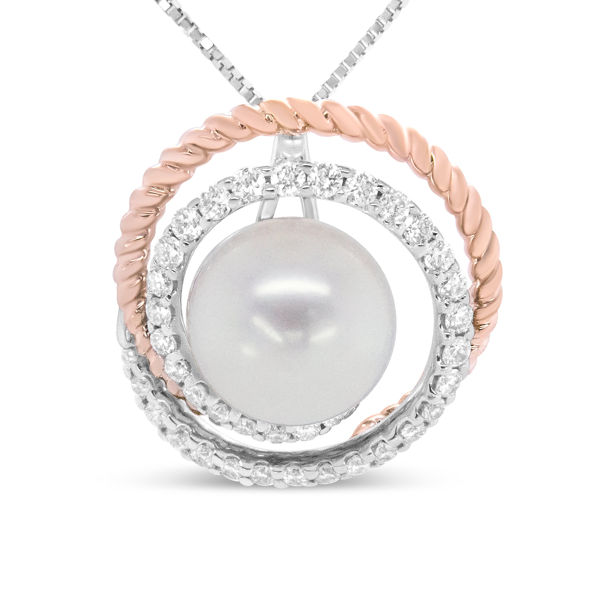 14K Rose and White Gold 3/8 Cttw Pave Diamond and 9mm Round Pearl Spiral Openwork 18" Pendant Necklace- (H-I Color, VS1-VS2 Clarity) DestGlow