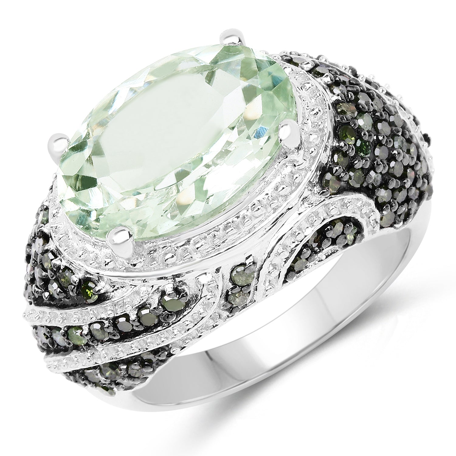 5.98 Carat Genuine Green Amethyst & Green Diamond .925 Sterling Silver Ring by Bids.com