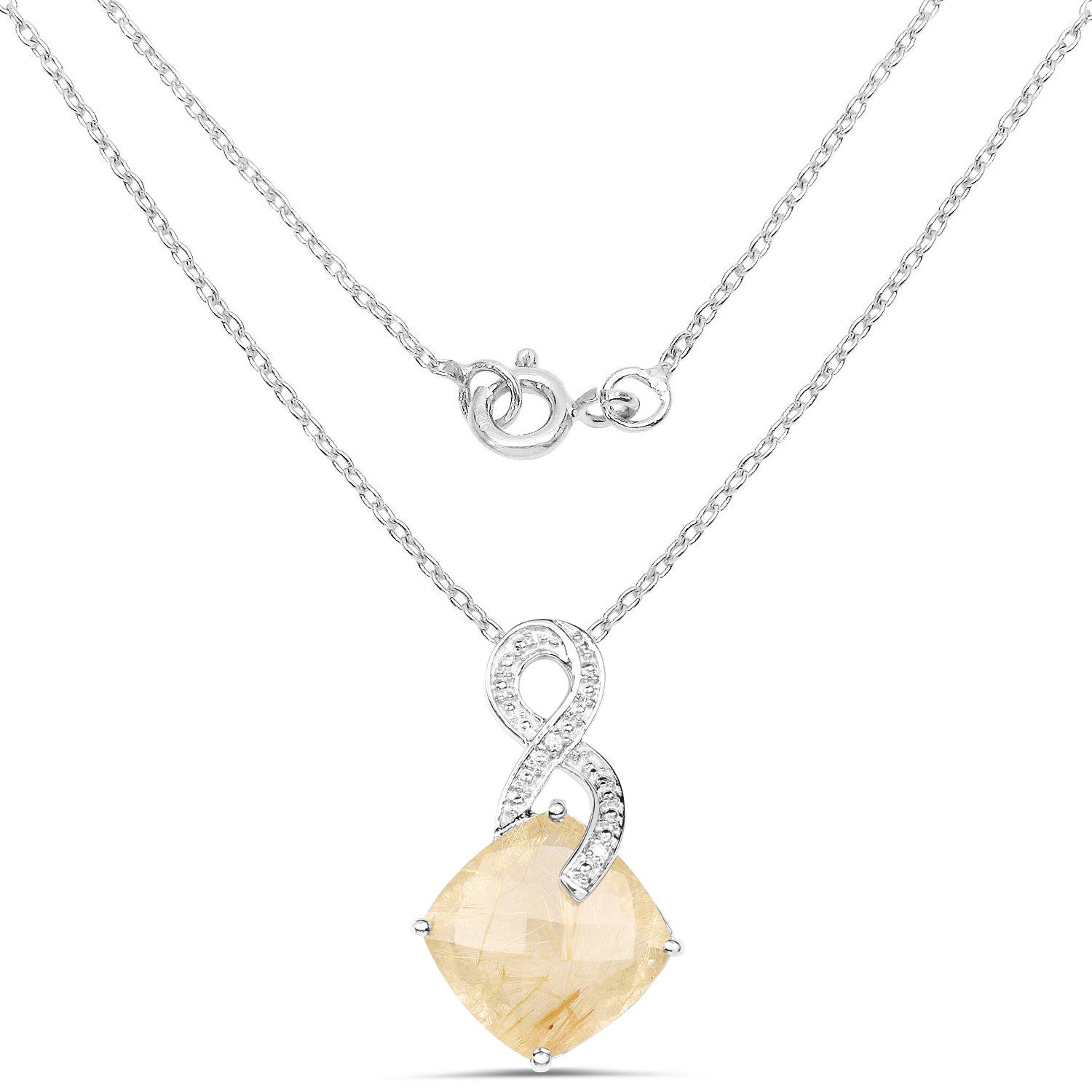 8.81 Carat Genuine Golden Rutile and White Diamond .925 Sterling Silver Pendant DestGlow