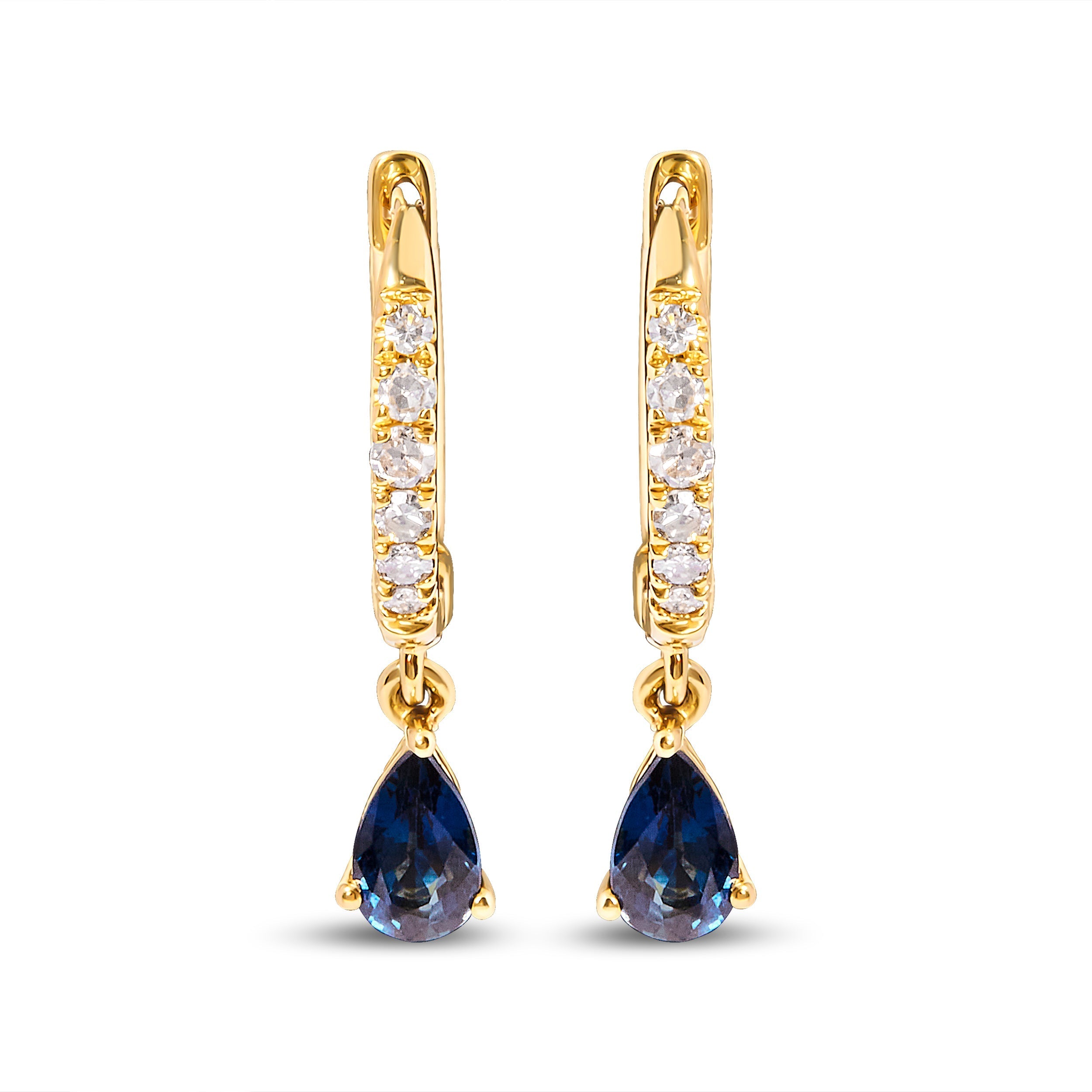 10K Yellow Gold Pear Blue Sapphire and 1/10 Cttw Diamond Drop and Dangle Huggy Hoop Earrings (H-I Color, I1-I2 Clarity) DestGlow