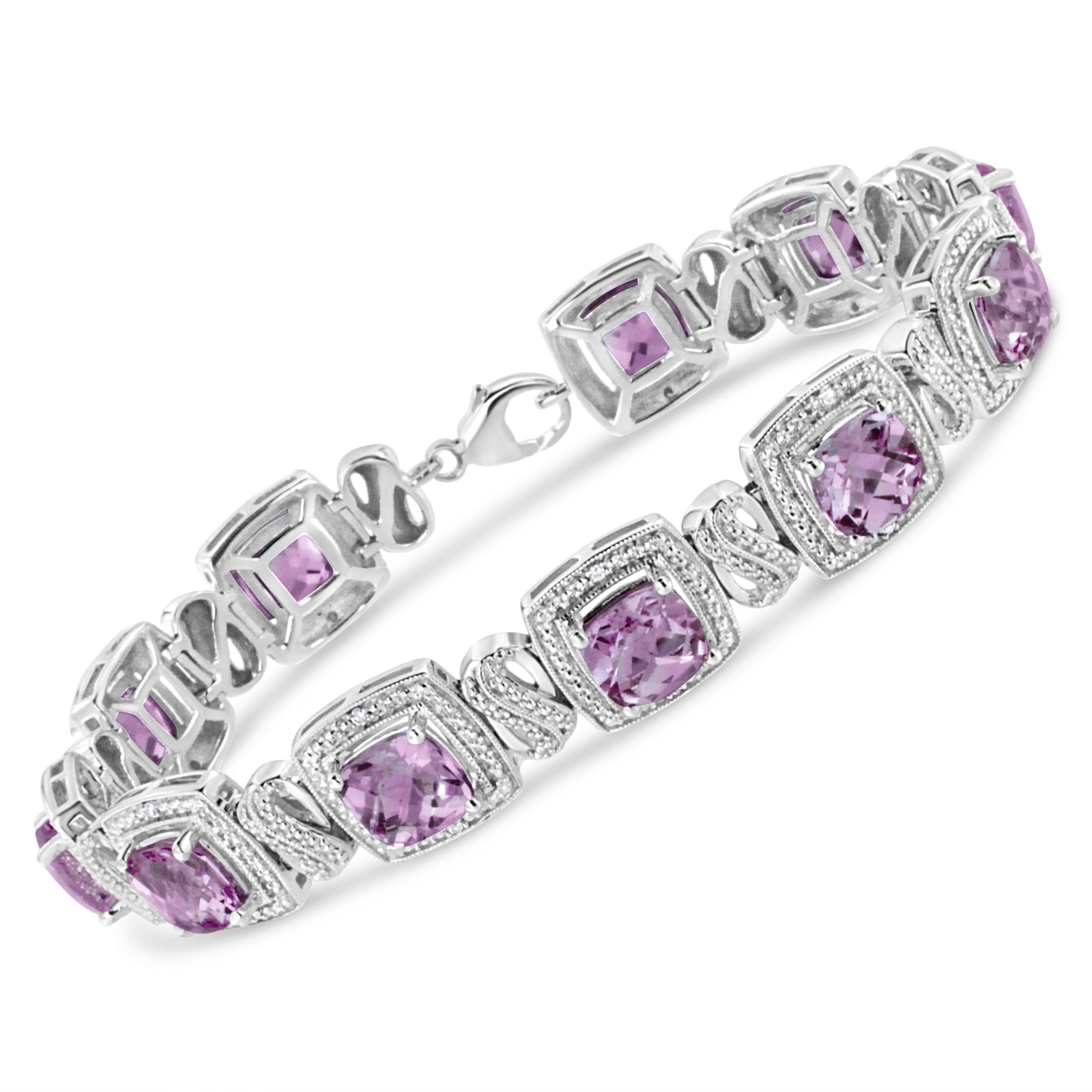 .925 Sterling Silver 7x7 mm Cushion Cut Purple Amethyst and 1/10 cttw Round Cut Diamond Square Shape Tennis Bracelet (I-J Color, I1-I2 Clarity) - 7" DestGlow
