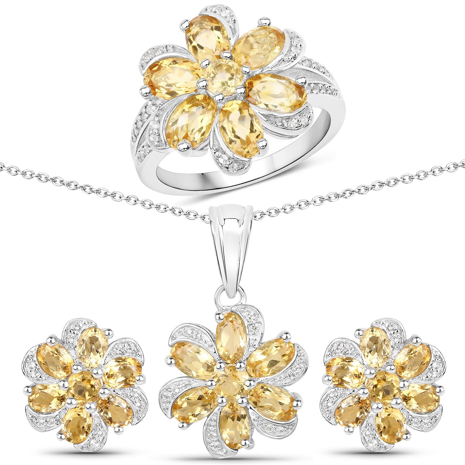 7.92 Carat Genuine Citrine and White Topaz .925 Sterling Silver 3 Piece Jewelry Set (Ring, Earrings, and Pendant w/ Chain) by Bids.com