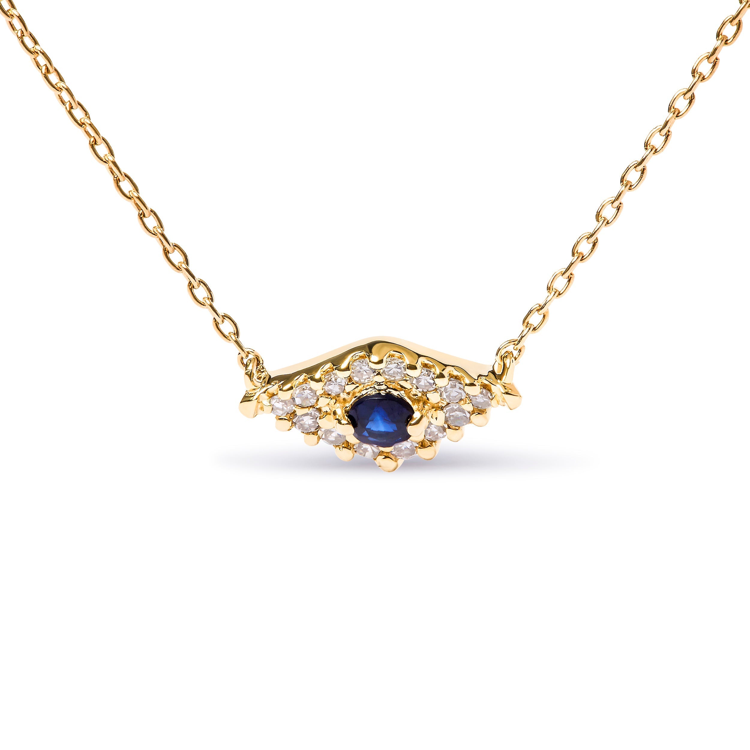 10K Yellow Gold Blue Sapphire and Diamond Accented Evil Eye 18" Inch Pendant Necklace (H-I Color, I1-I2 Clarity) DestGlow