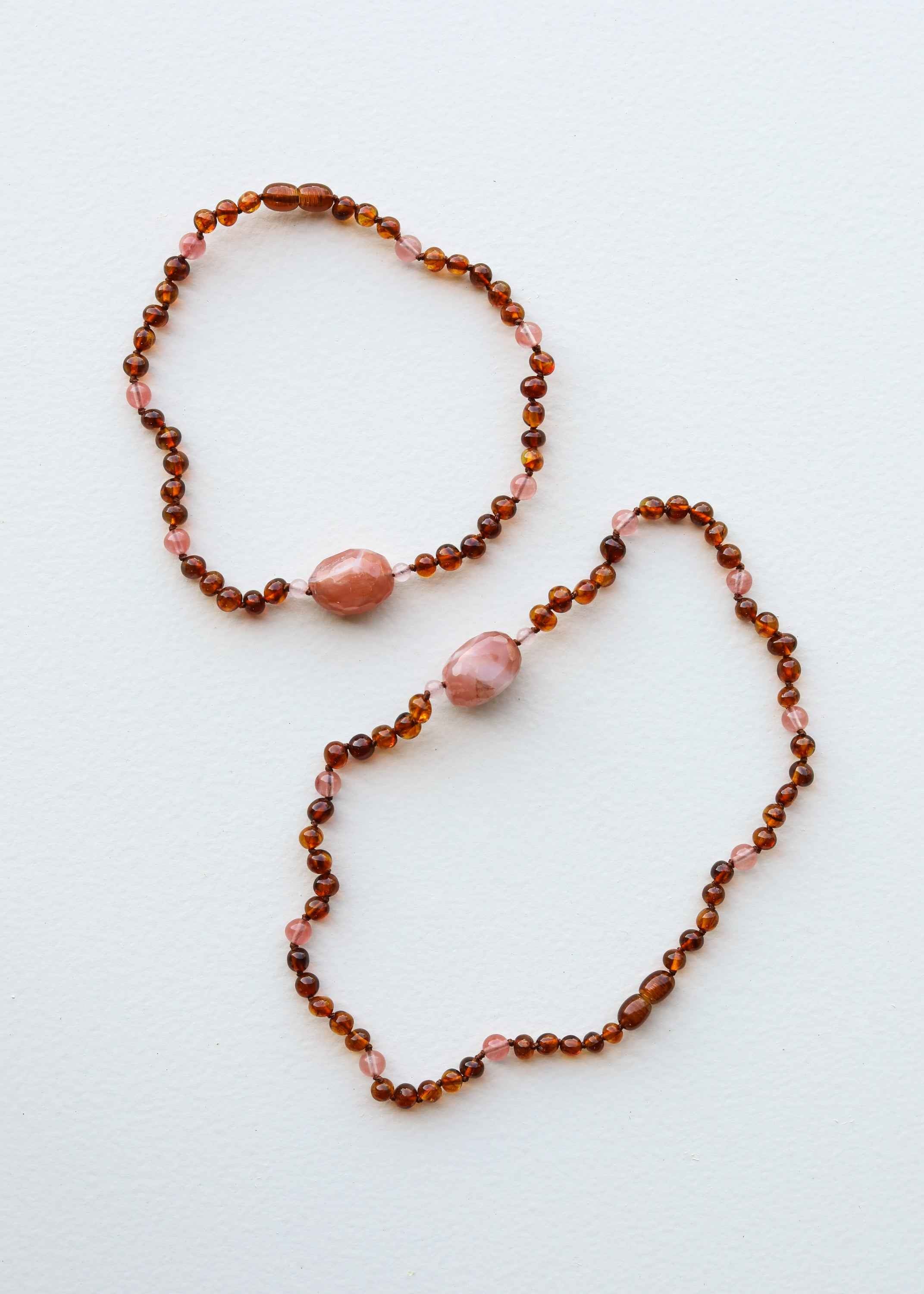 Cognac Baltic Sea Amber || Cherry + Rose Quartz || Necklace