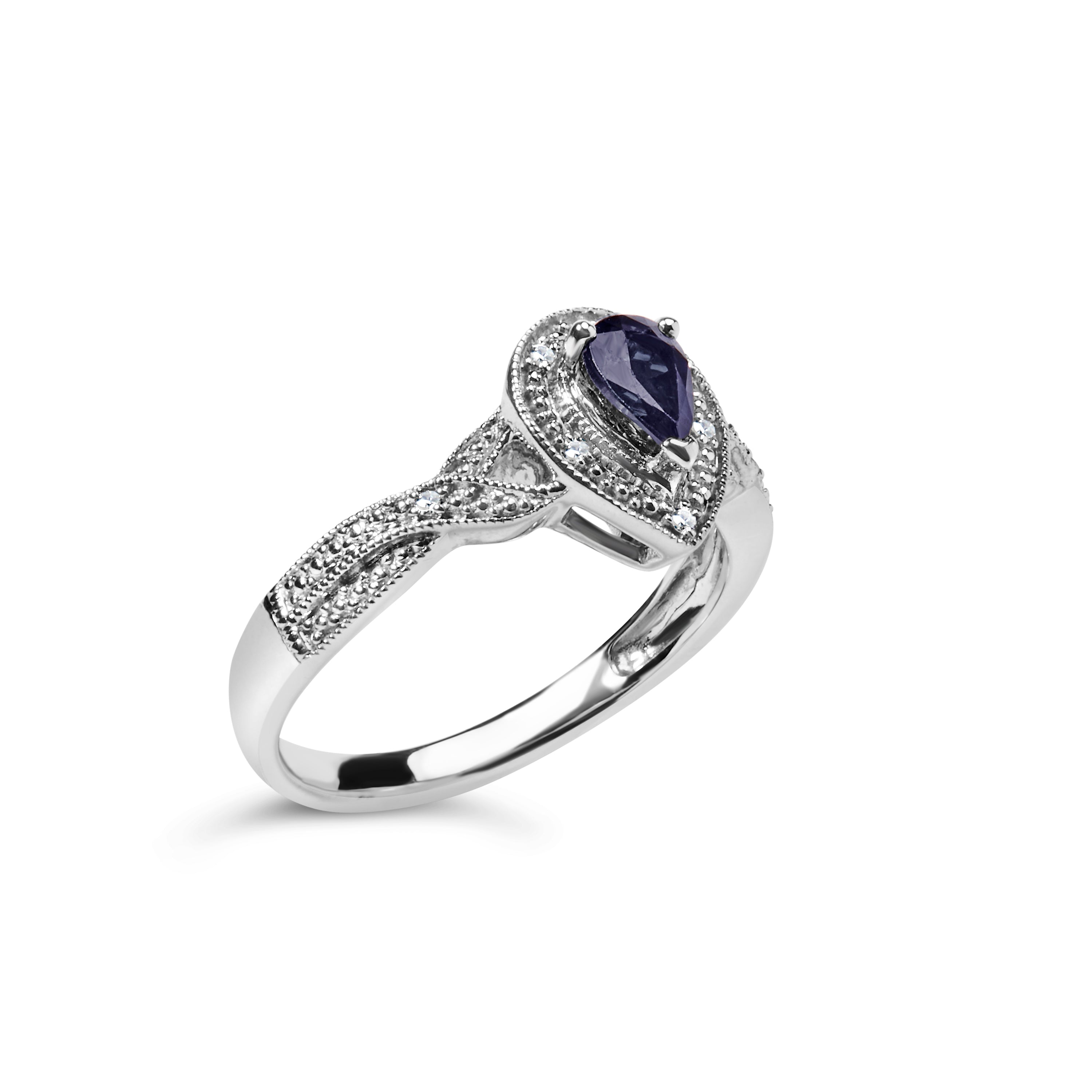 .925 Sterling Silver 6x4mm Pear Sapphire Gemstone with Diamond Accent Fashion Halo Ring (H-I Color, SI1-SI2 Clarity) - Size 7 DestGlow