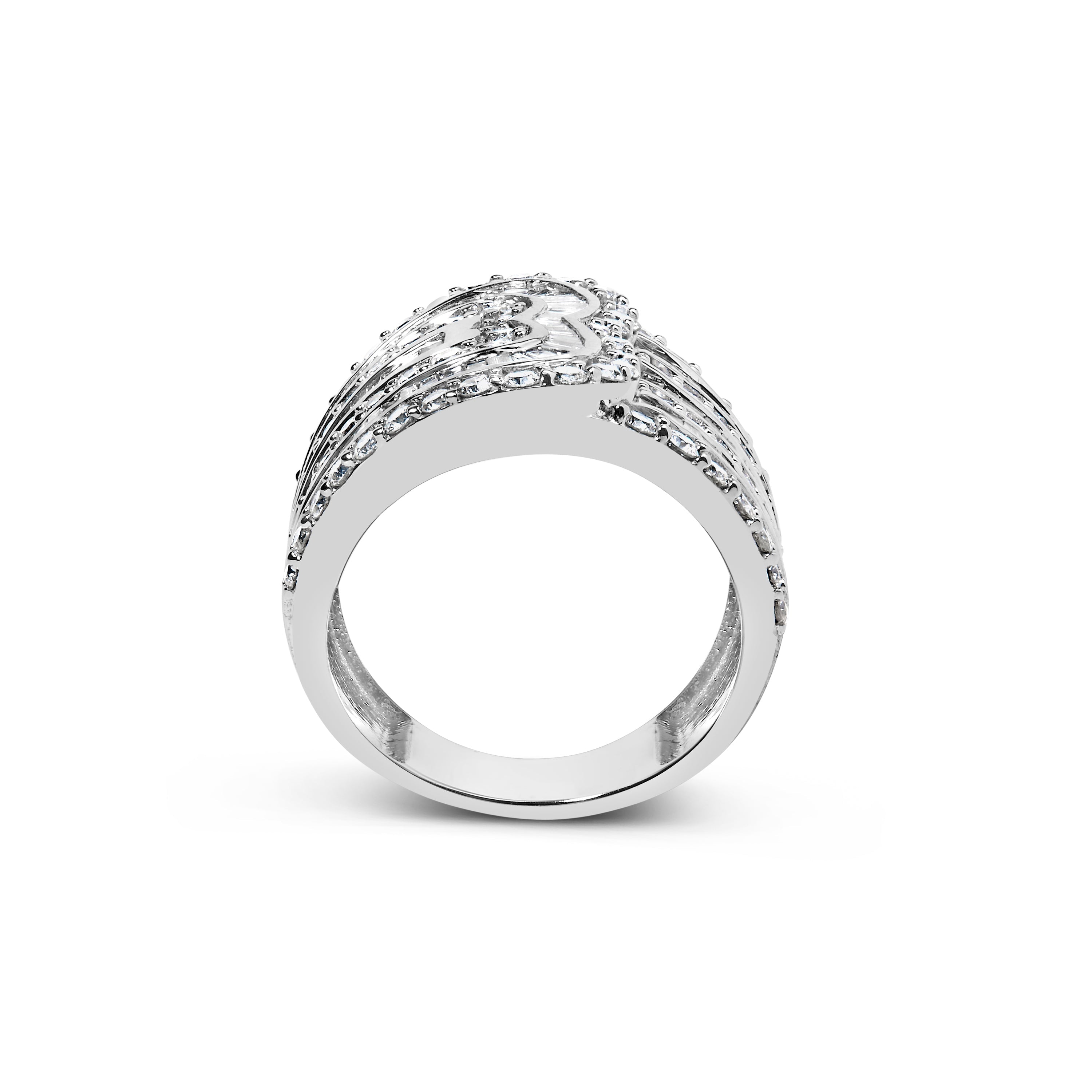 10K White Gold 2 1/2 Cttw Round and Baguette-Cut Diamond Multi-Row Bypass Ring (J-K Color, I2-I3 Clarity) - Ring Size 7 by Bids.com