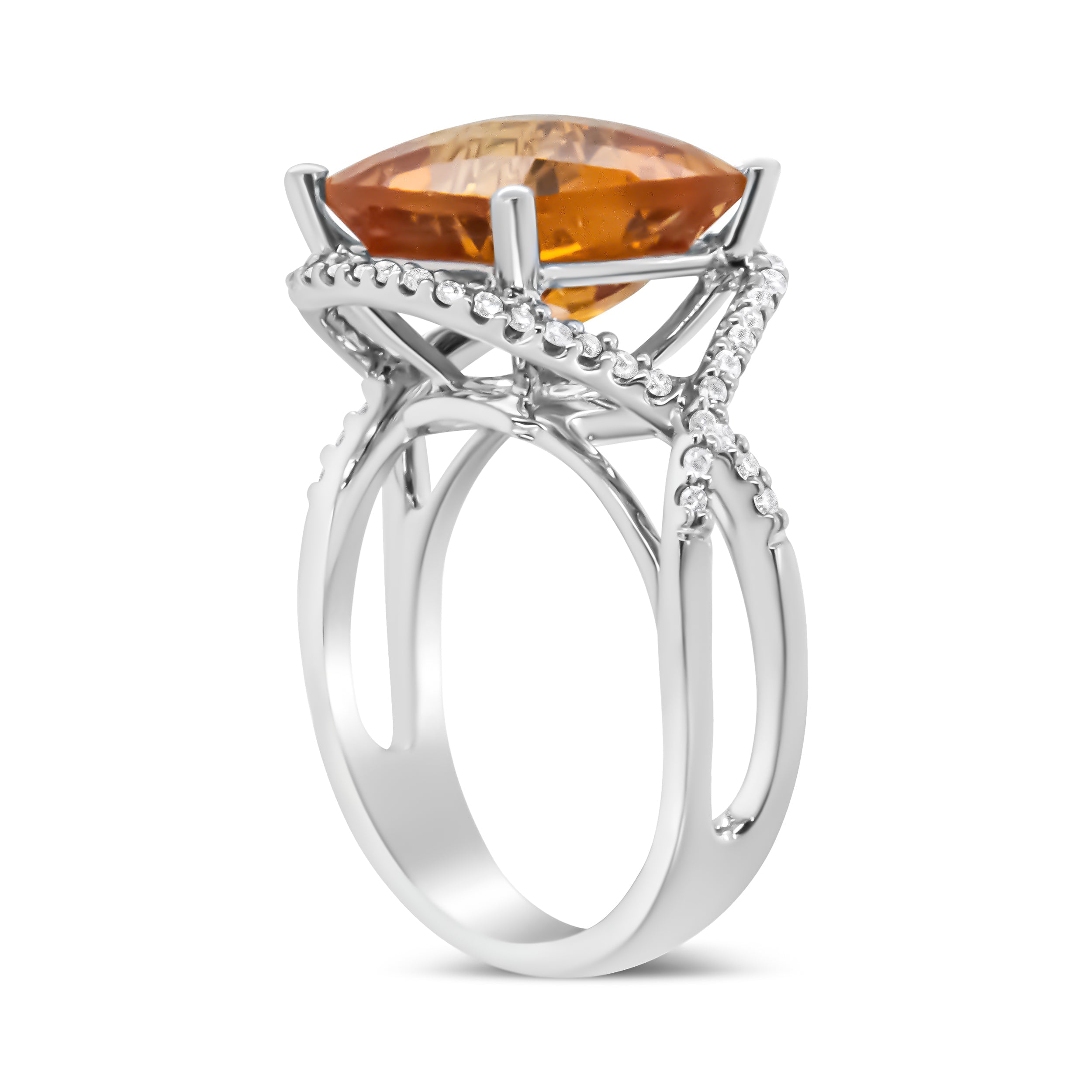 14K White Gold 12mm Cushion Cut Yellow Citrine Gemstone and 1/3 Cttw Round Pave-Set Diamond Ring - (H-I Color, VS1-VS2 Clarity)- Size 6.5 DestGlow
