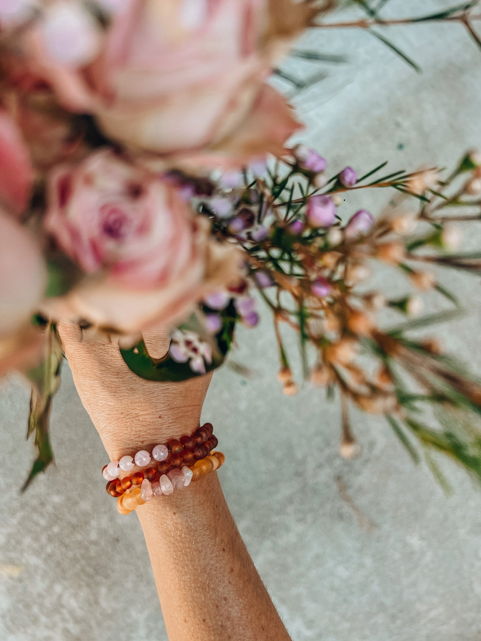 Raw Cognac Baltic Sea Amber + Rose Quartz || Adult Bracelet by CanyonLeaf