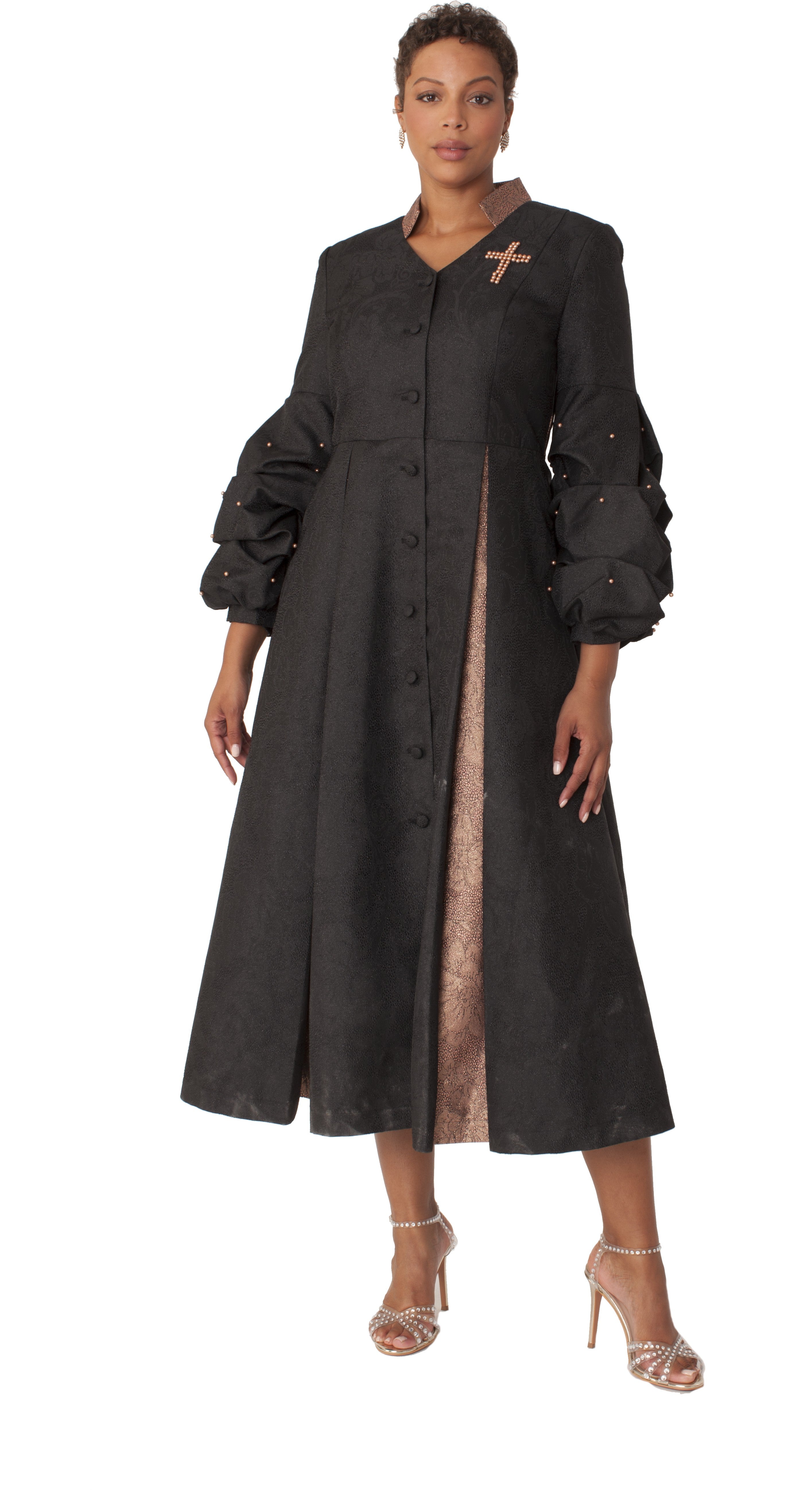 Formal Dress Robe with Puff Sleeves with Pearl Cross Accent- 4850 by Tally Taylor