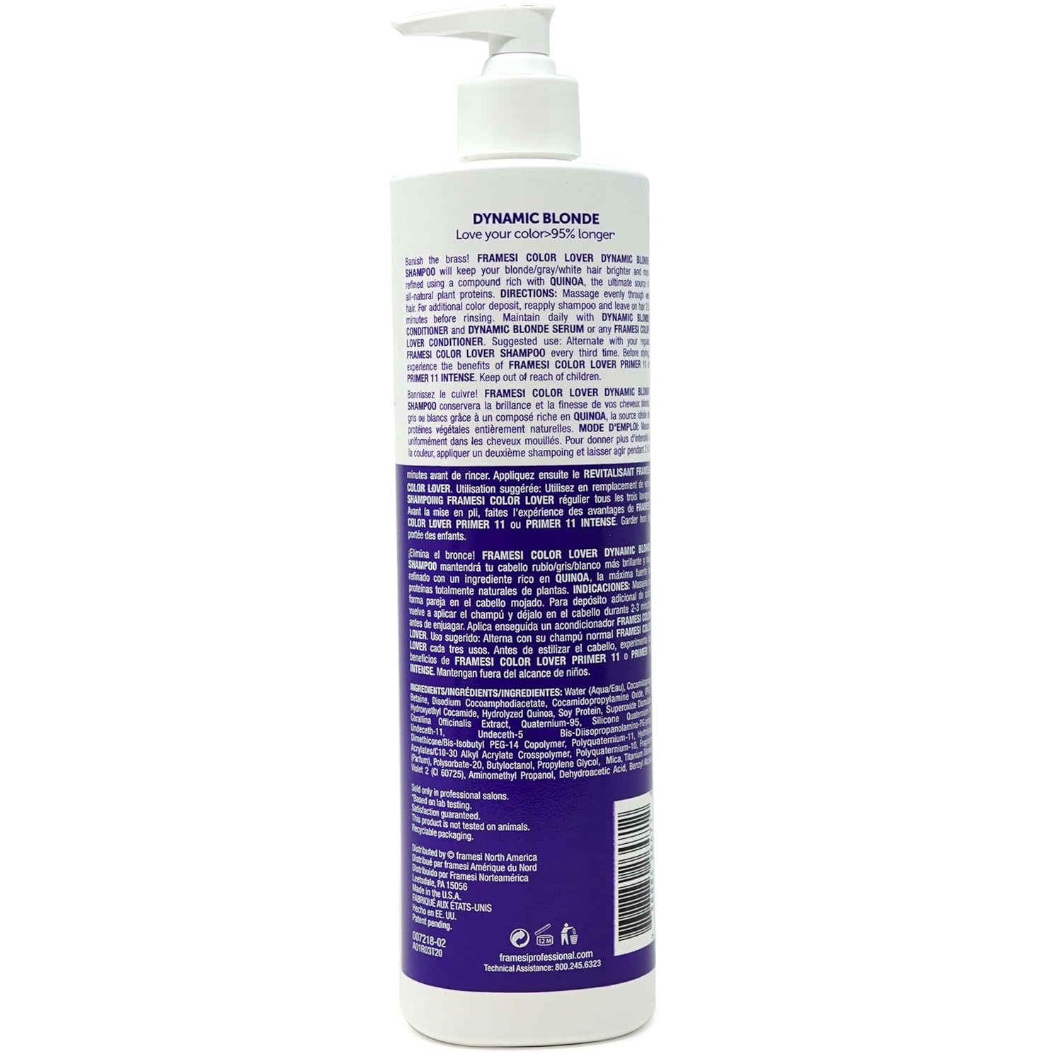 Framesi Color Lover Dynamic Blonde Conditioner, Purple Sulfate-Free Conditioner for Color Treated Hair, 16.9 oz