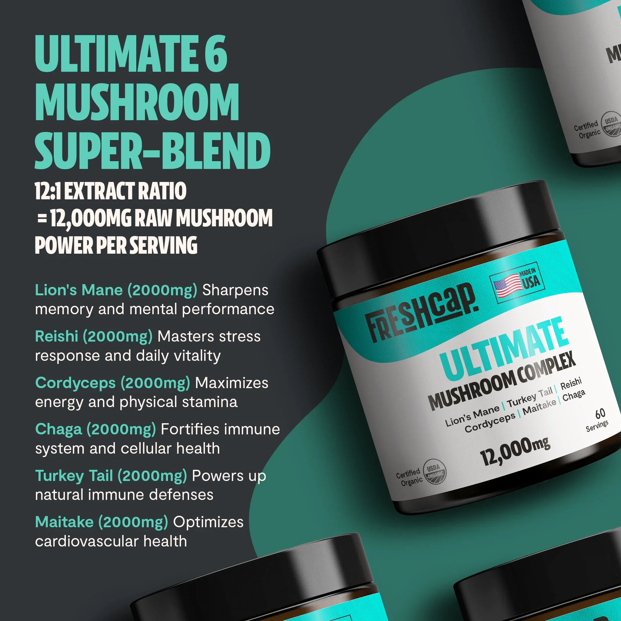 Organic Mushroom Extract Powder Blend by FreshCap Mushrooms