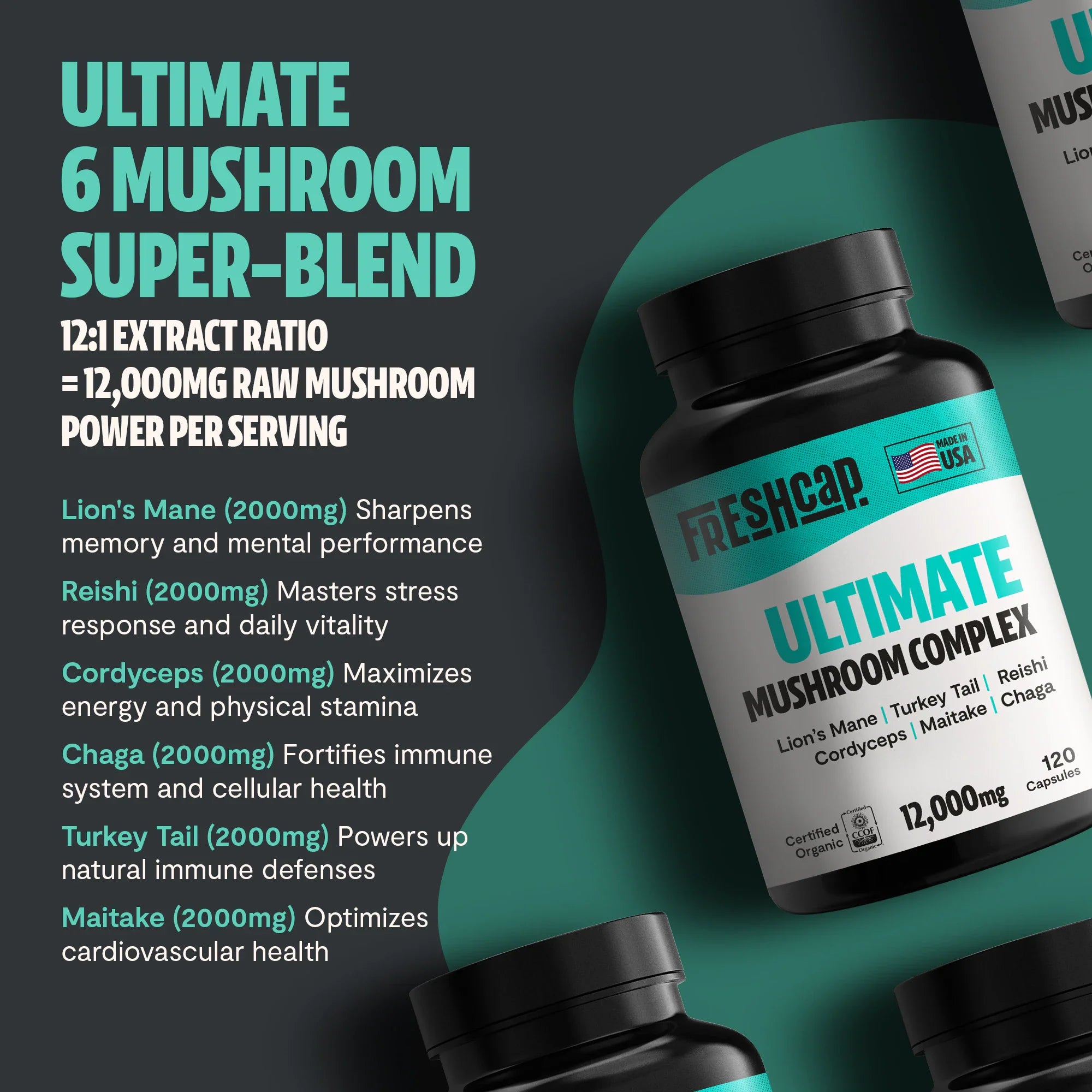 Organic Mushroom Complex Supplement Capsules by FreshCap Mushrooms