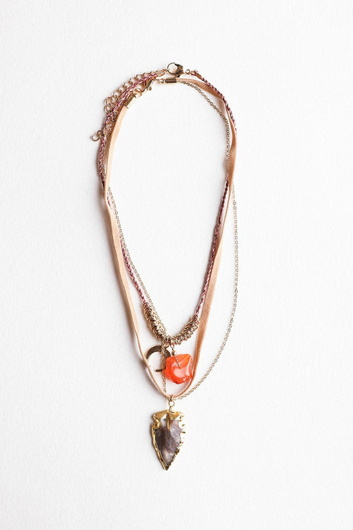 Carnelian & Brown Agate Suede Necklace - Bohemian Layered Gemstone Jewelry
