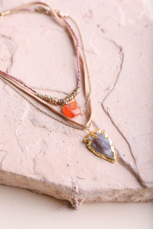 Carnelian & Brown Agate Suede Necklace - Bohemian Layered Gemstone Jewelry