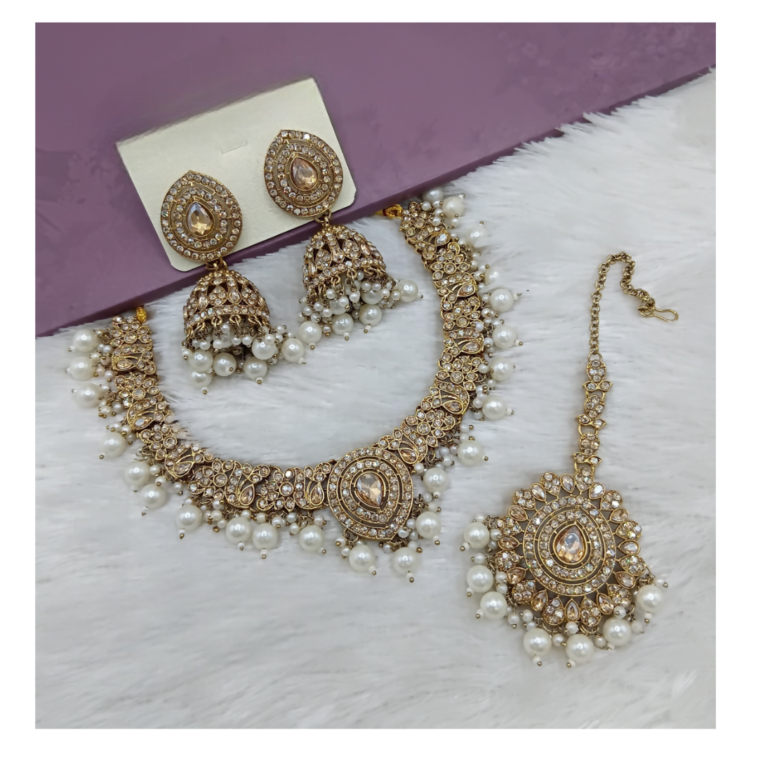 Joban Fashion Cream Stone Work Necklace Set