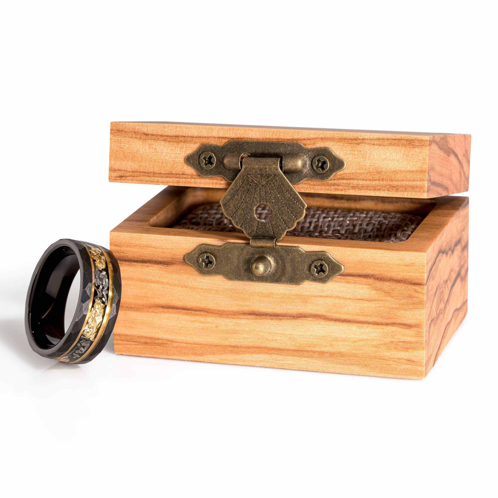 Meteorite x 22K Gold Leaf Hammered Black Tungten Carbide Ring - DestGlow