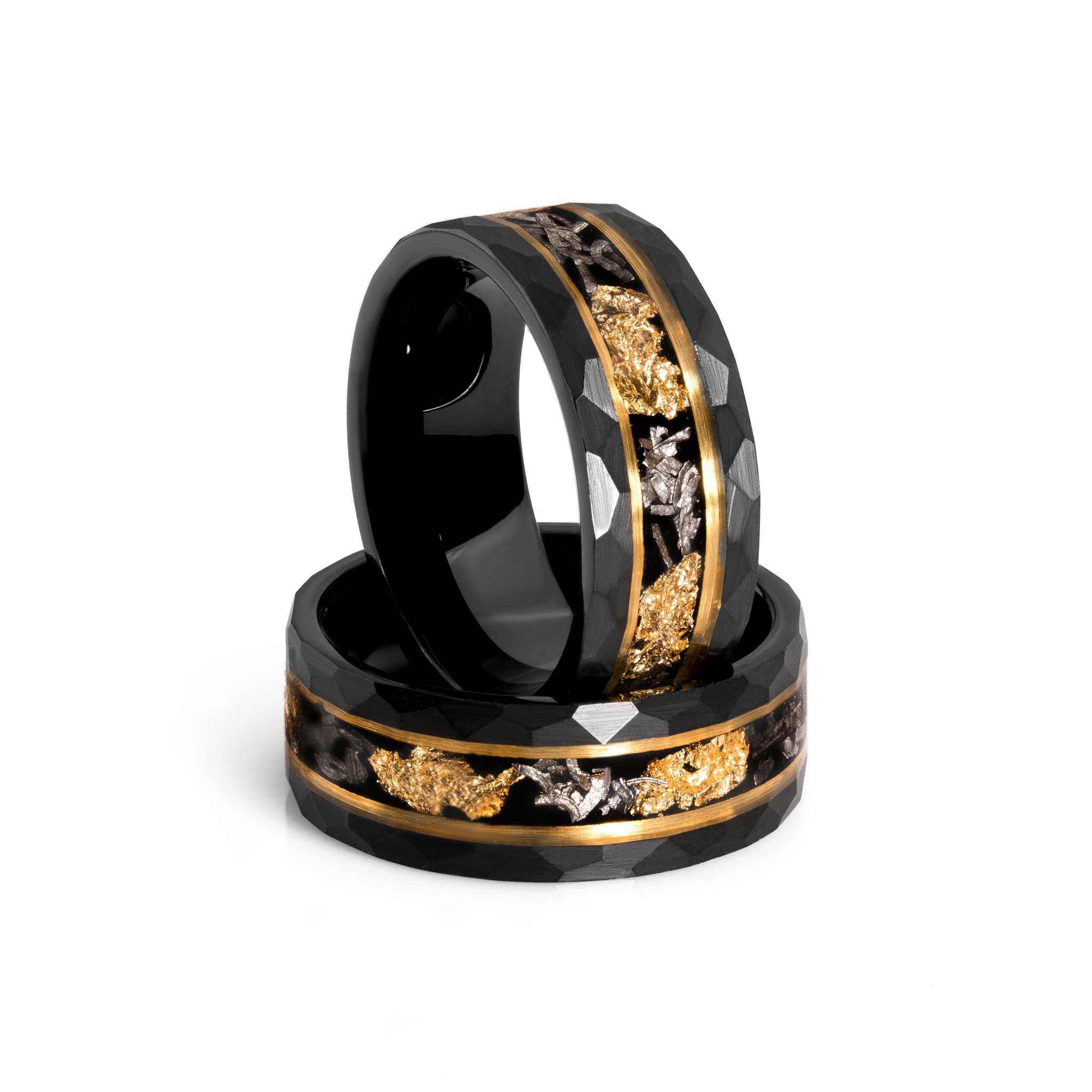 Meteorite x 22K Gold Leaf Hammered Black Tungten Carbide Ring - DestGlow