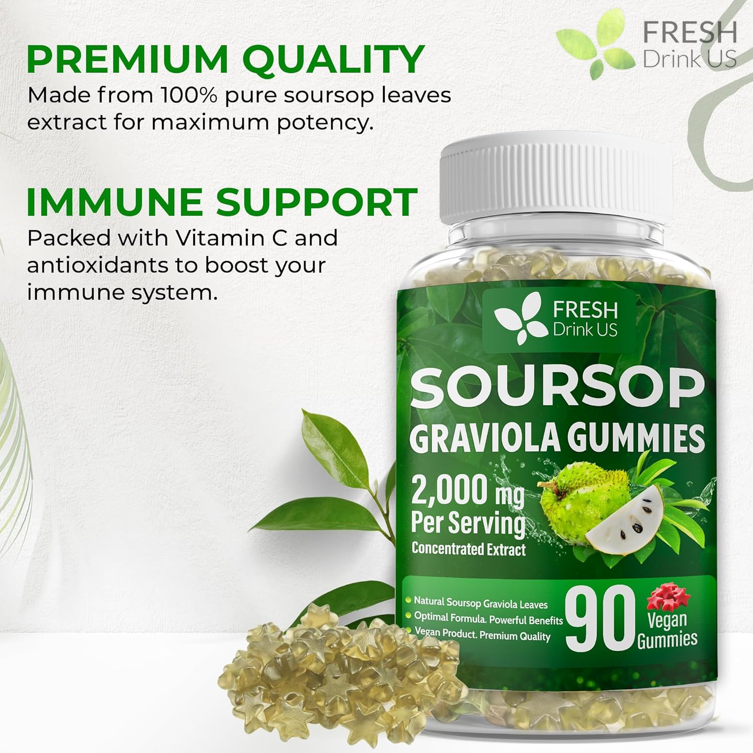 Premium 90 Soursop Graviola Gummies by FreshDrinkUS - Natural and Premium Herbal Tea