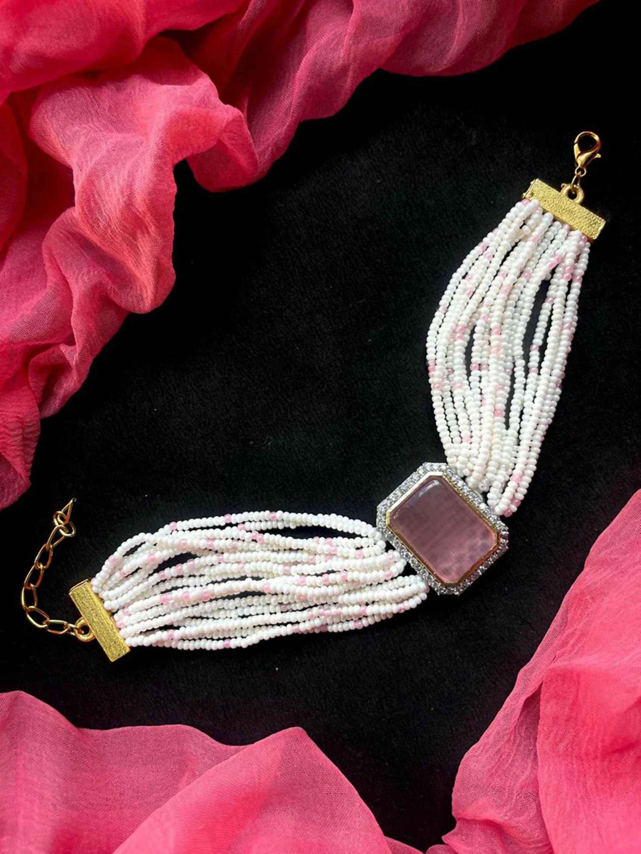 Joban Fashion Onion Pink Brass Ad With Monalisa Stone Beaded Bracelet