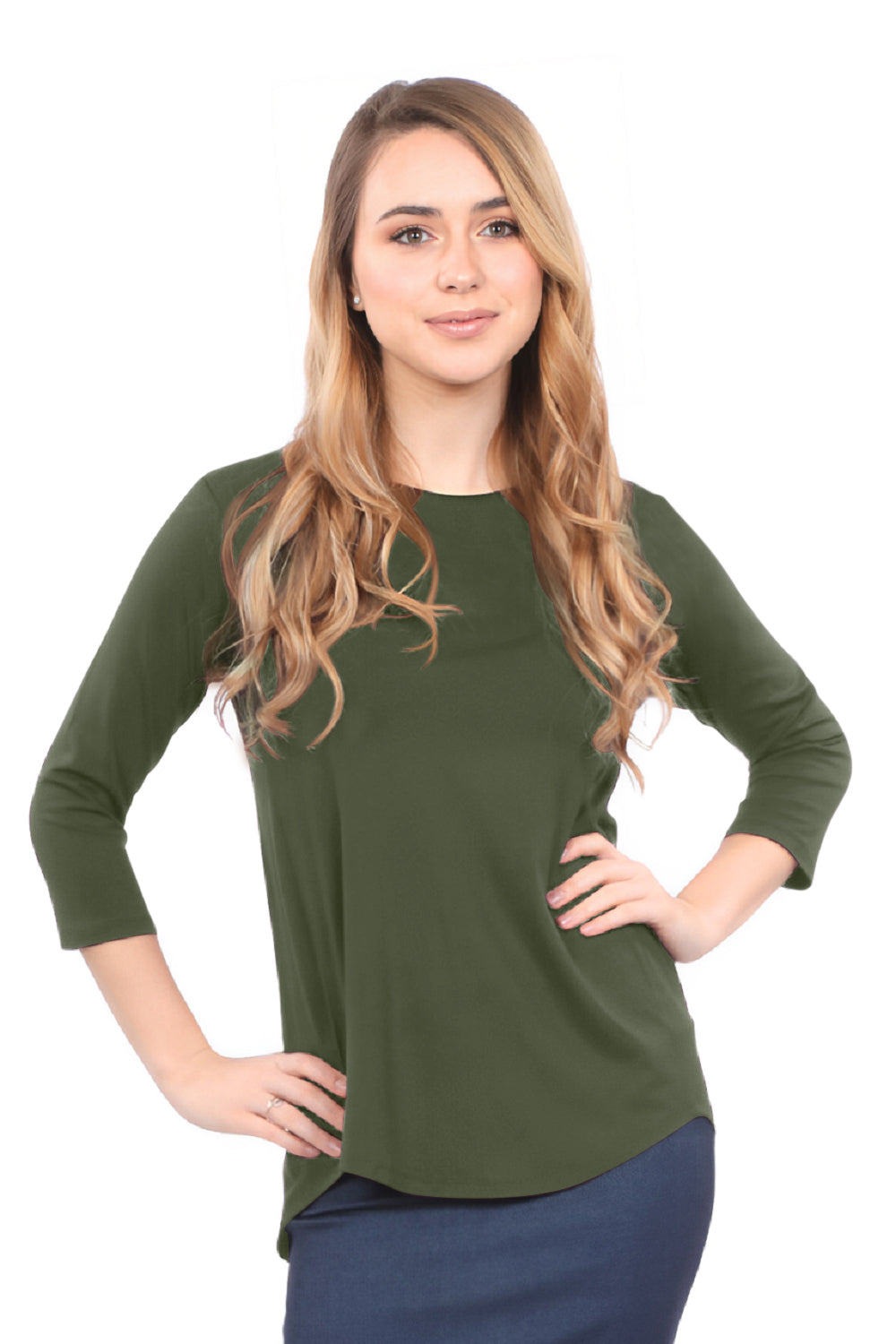 3/4 Sleeve Curved Hem Tunic Top - Breathable Viscose Spandex by Kosher Casual USA