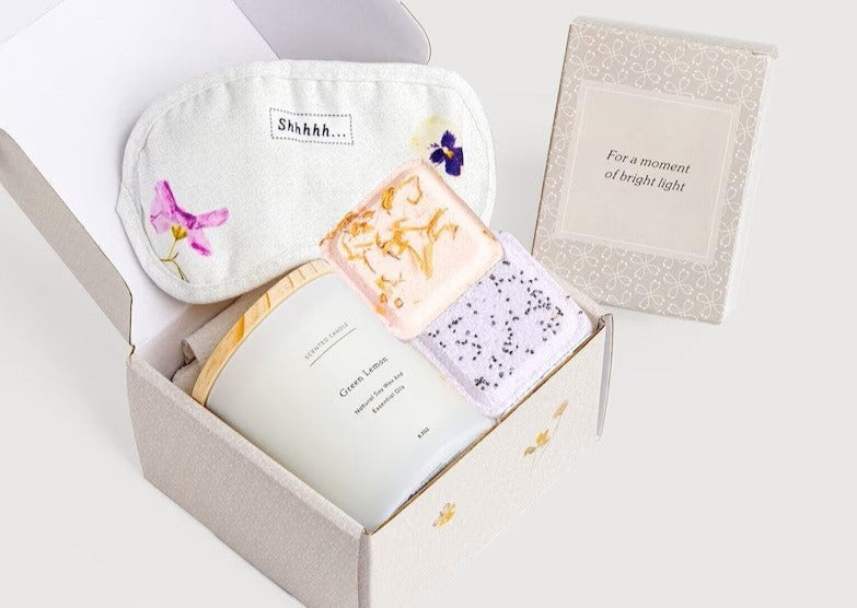Green Lemon Candle Spa Gift Box, Relaxing Package with Shower steamers and Eye Mask by Lizush