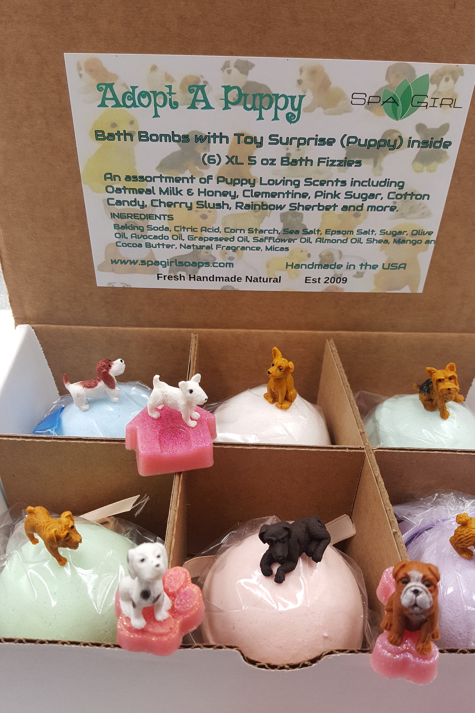 Adorable Kids Bath Bomb Gift Set, 6 Bath Bombs with (ADOPT-A-PUPPY) toys inside by Spa Pure